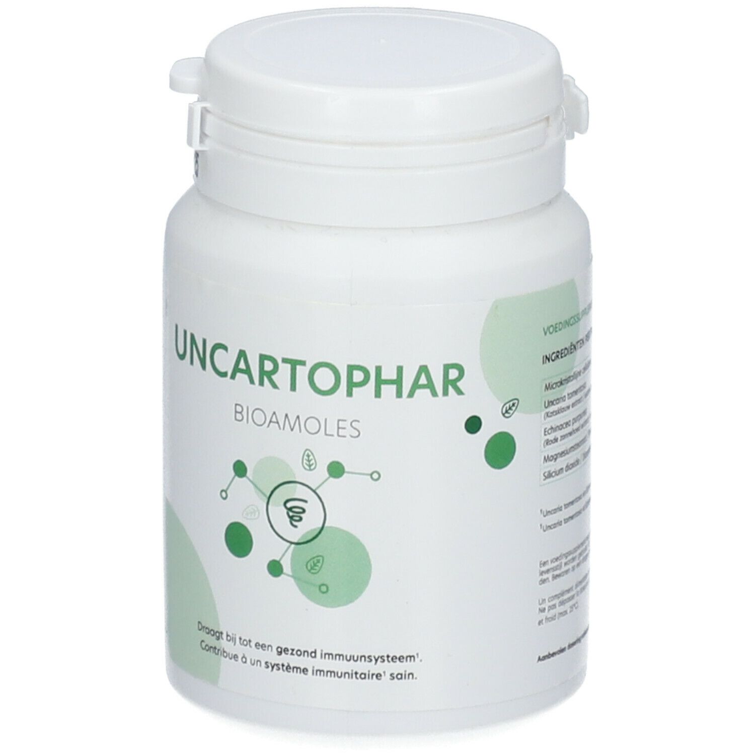 Witte tablettenfles met groen etiket. Opschrift: UNCARTOPHAR BIOAMOLES. Met schroefdop. Ingrediënten.
