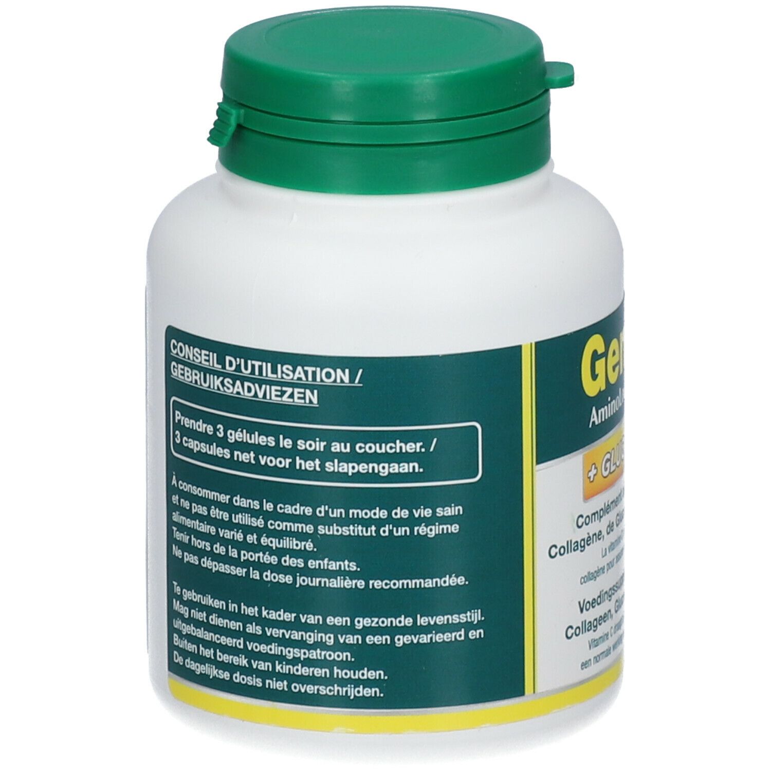 Achterkant witte fles met groene dop. Tekst: Gebruiksaanwijzing. 3 capsules 's avonds. Buiten bereik van kinderen.