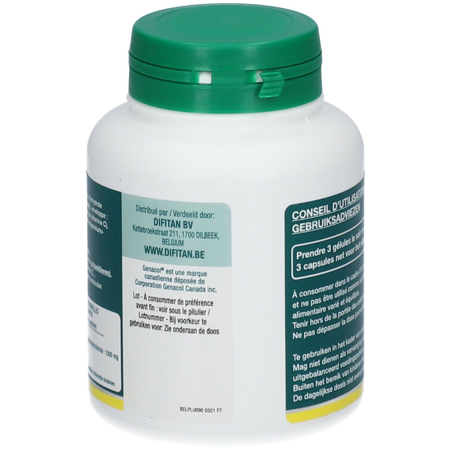 Witte fles met groene dop. Opschrift: Genacol. Verdeeld door Difitan BV. Adres en website vermeld.