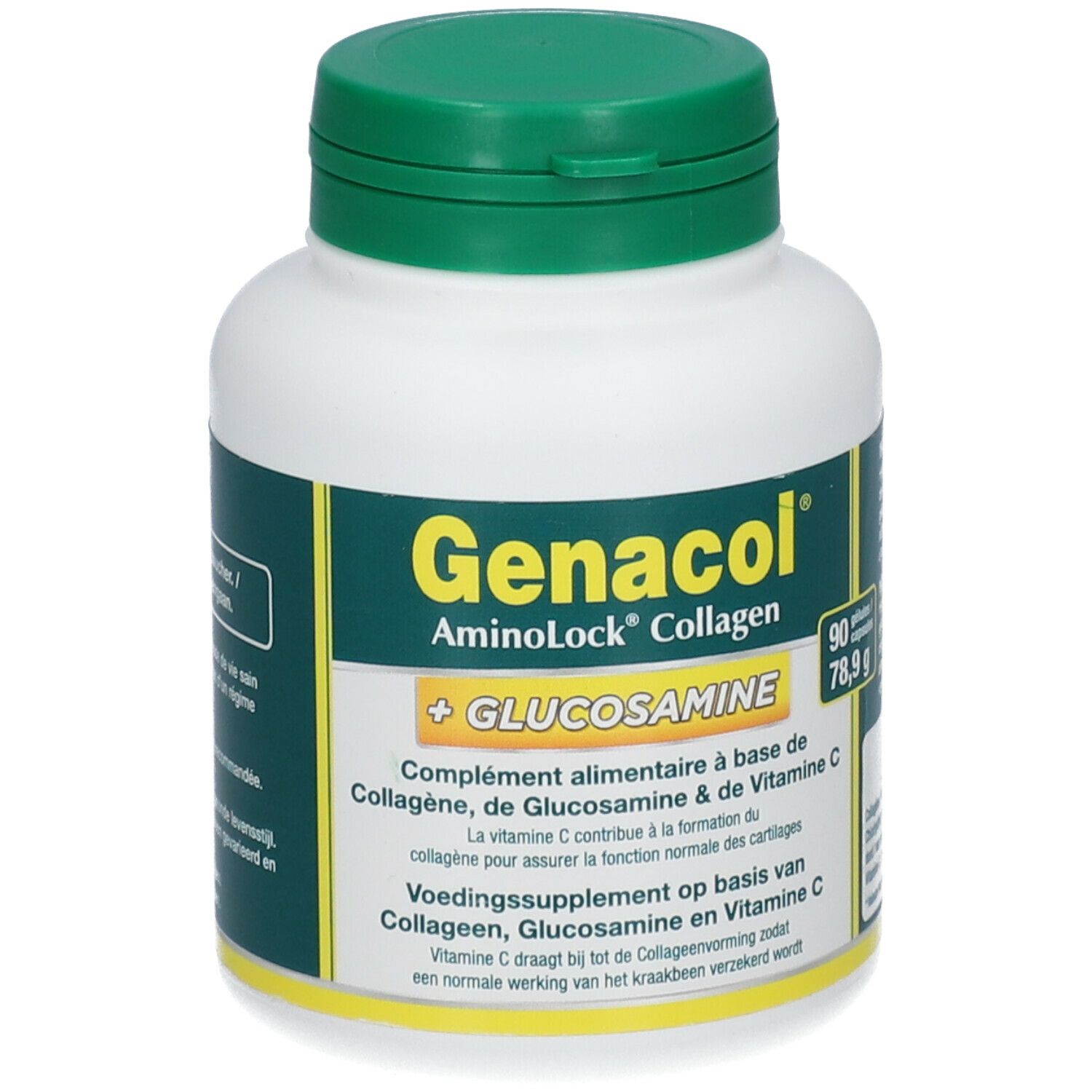 Witte fles met groene dop. Opschrift: Genacol AminoLock Collagen + Glucosamine. Bevat 90 capsules.