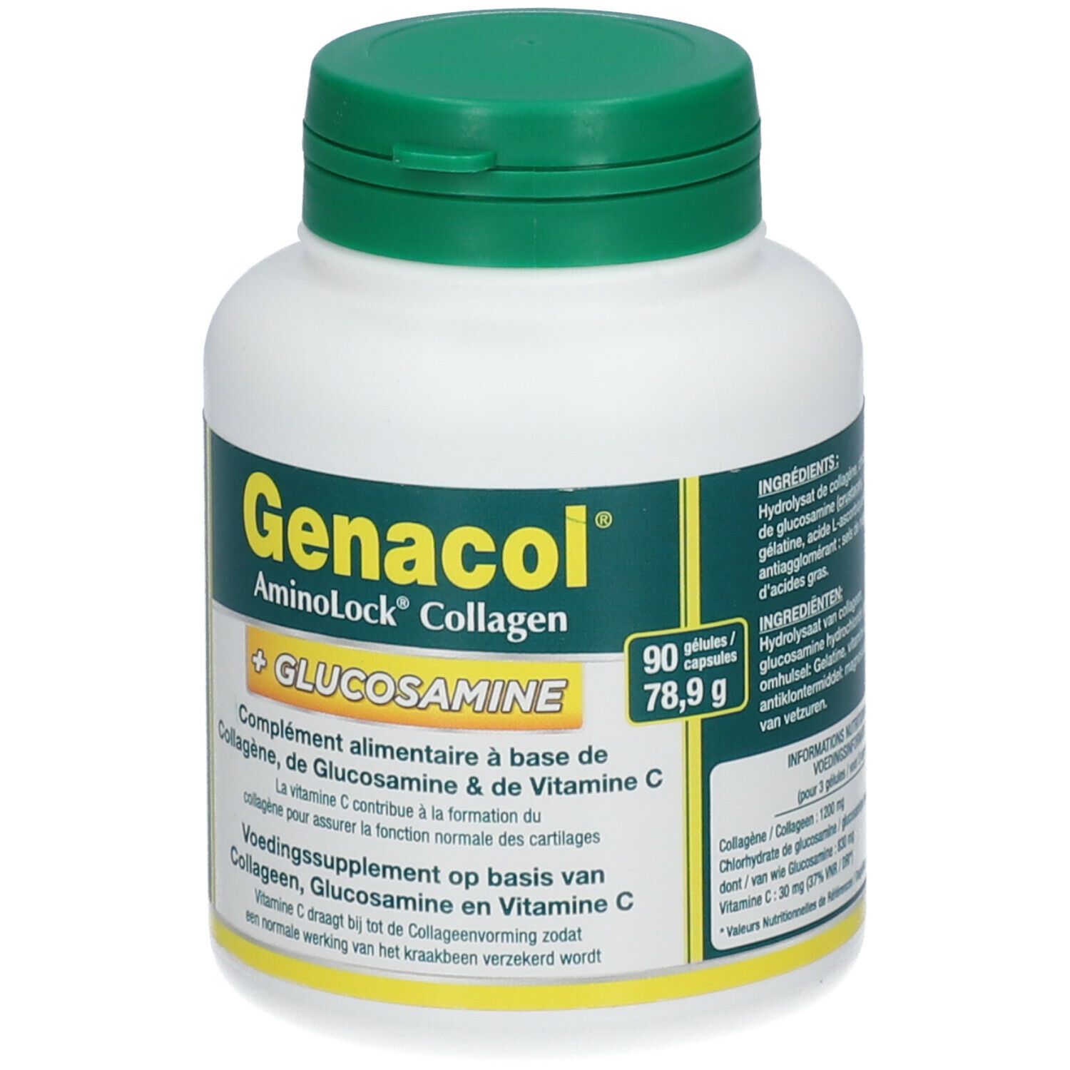 Witte fles met groene dop. Opschrift: Genacol AminoLock Collagen + Glucosamine. Bevat 90 capsules. Ingrediëntenlijst.