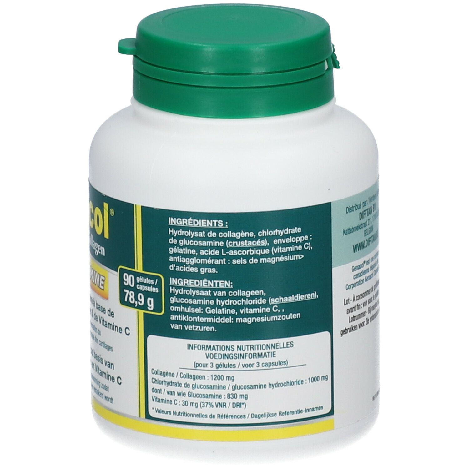 Achterkant fles. Ingrediëntenlijst: Collageen, Glucosamine, Vitamine C. Voedingswaarde voor 3 capsules.