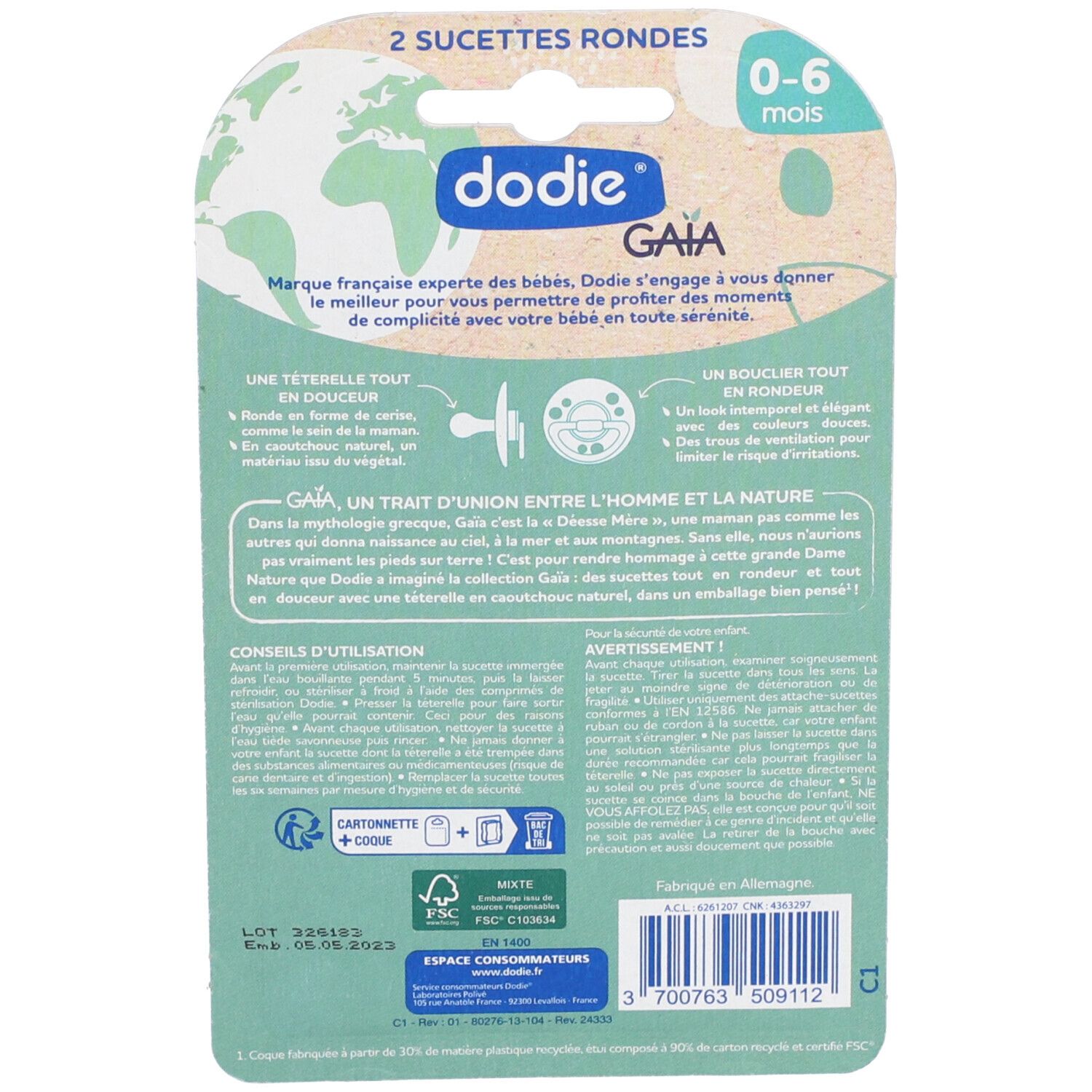 Dos de l'emballage avec texte et logo. Informations sur les sucettes et le fabricant.