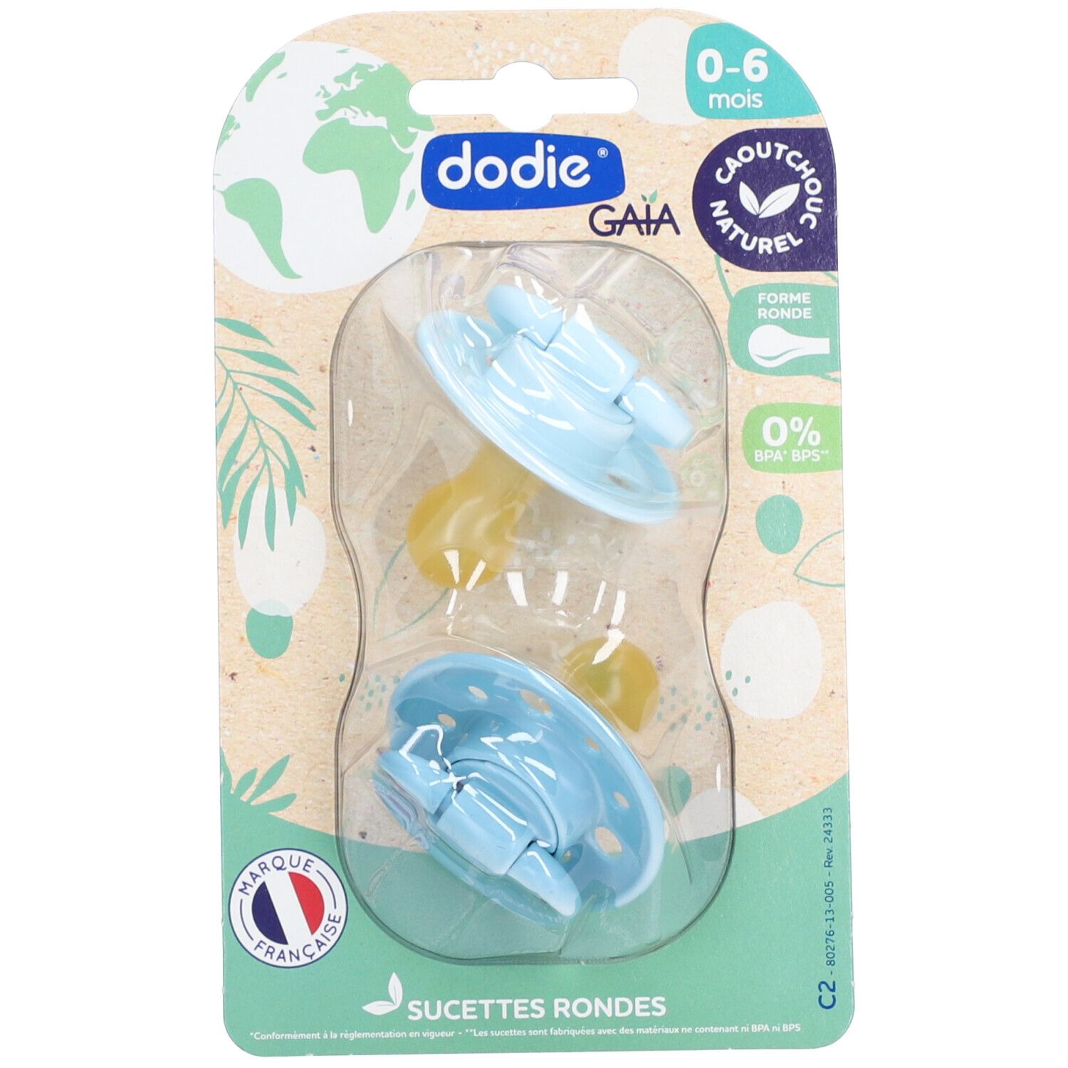 Zwei blaue Schnuller in Verpackung. Marke Dodie, 0-6 Monate. Runde Form, Naturkautschuk. Französische Marke.
