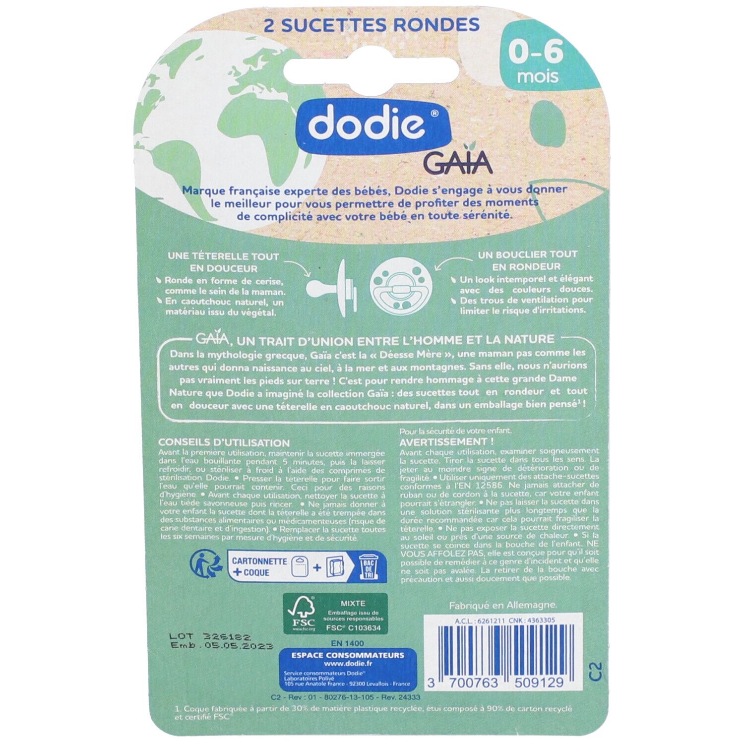Rückseite der Verpackung mit Text. Marke Dodie. Informationen zu den Schnullern und Gebrauchsanweisungen. 0-6 Monate.