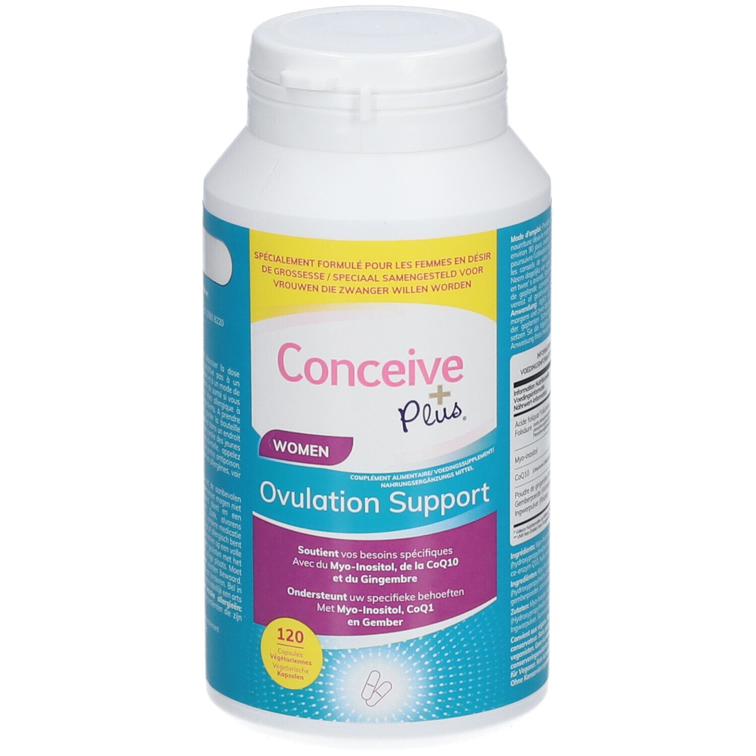 Flacon blanc Conceive Plus Women Ovulation Support. 120 gélules. Inscriptions multilingues.