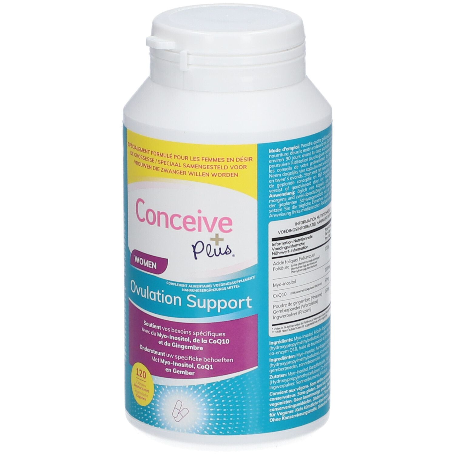 Flacon blanc Conceive Plus Women Ovulation Support. 120 gélules. Inscriptions multilingues.