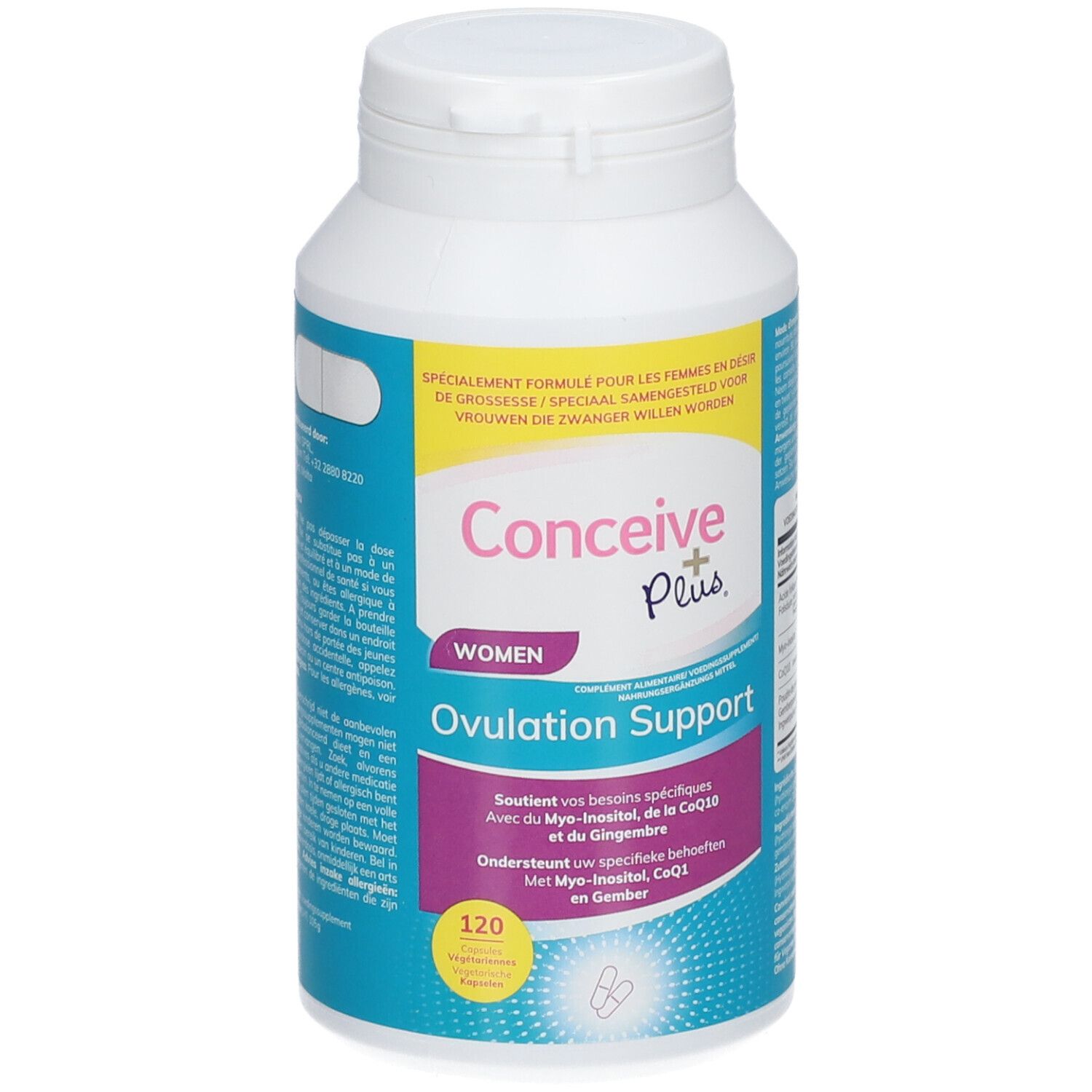 Flacon blanc Conceive Plus Women Ovulation Support. 120 gélules. Inscriptions multilingues.