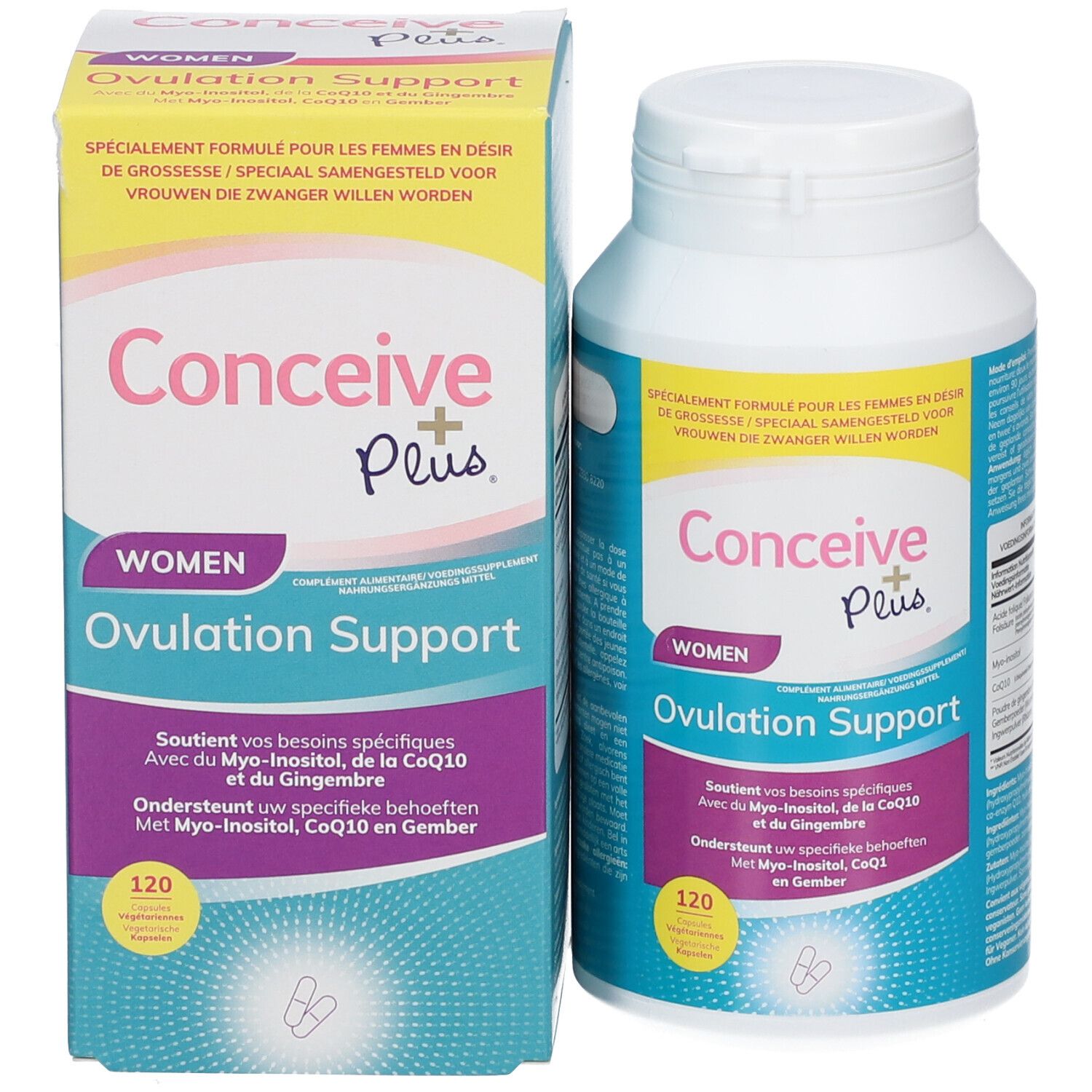 Conceive Plus Women Ovulation Support, flacon et boîte. 120 gélules. Inscriptions multilingues.