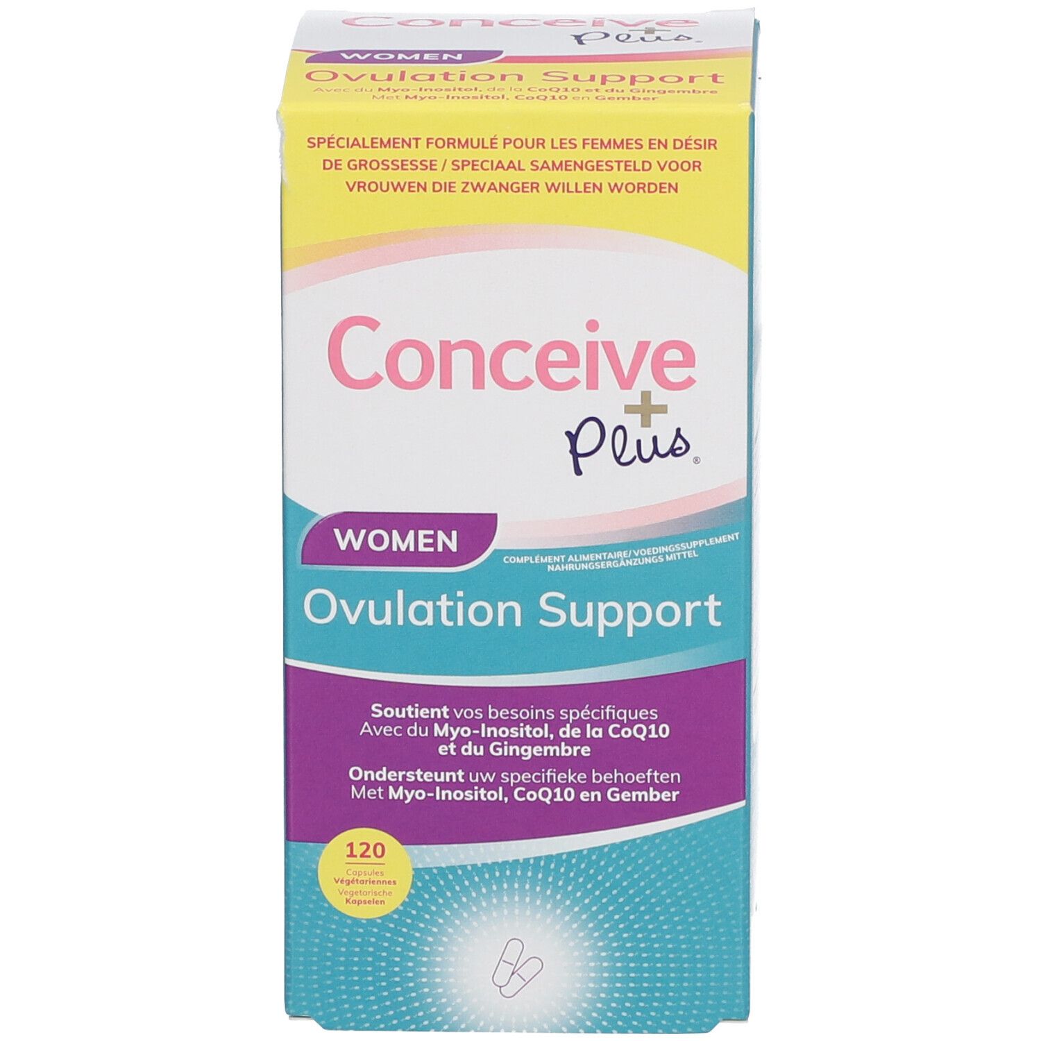 Boîte de Conceive Plus Women Ovulation Support. 120 gélules. Inscriptions multilingues.
