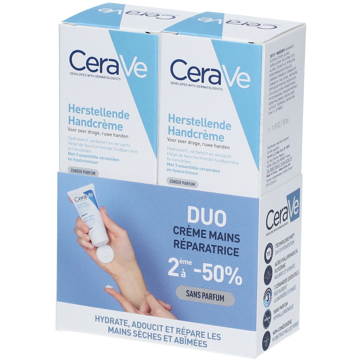 Verpakking met twee CeraVe handcrèmes. Duo-pack met productafbeelding en tekst. Blauwe en witte kleurstelling. Zonder parfum.