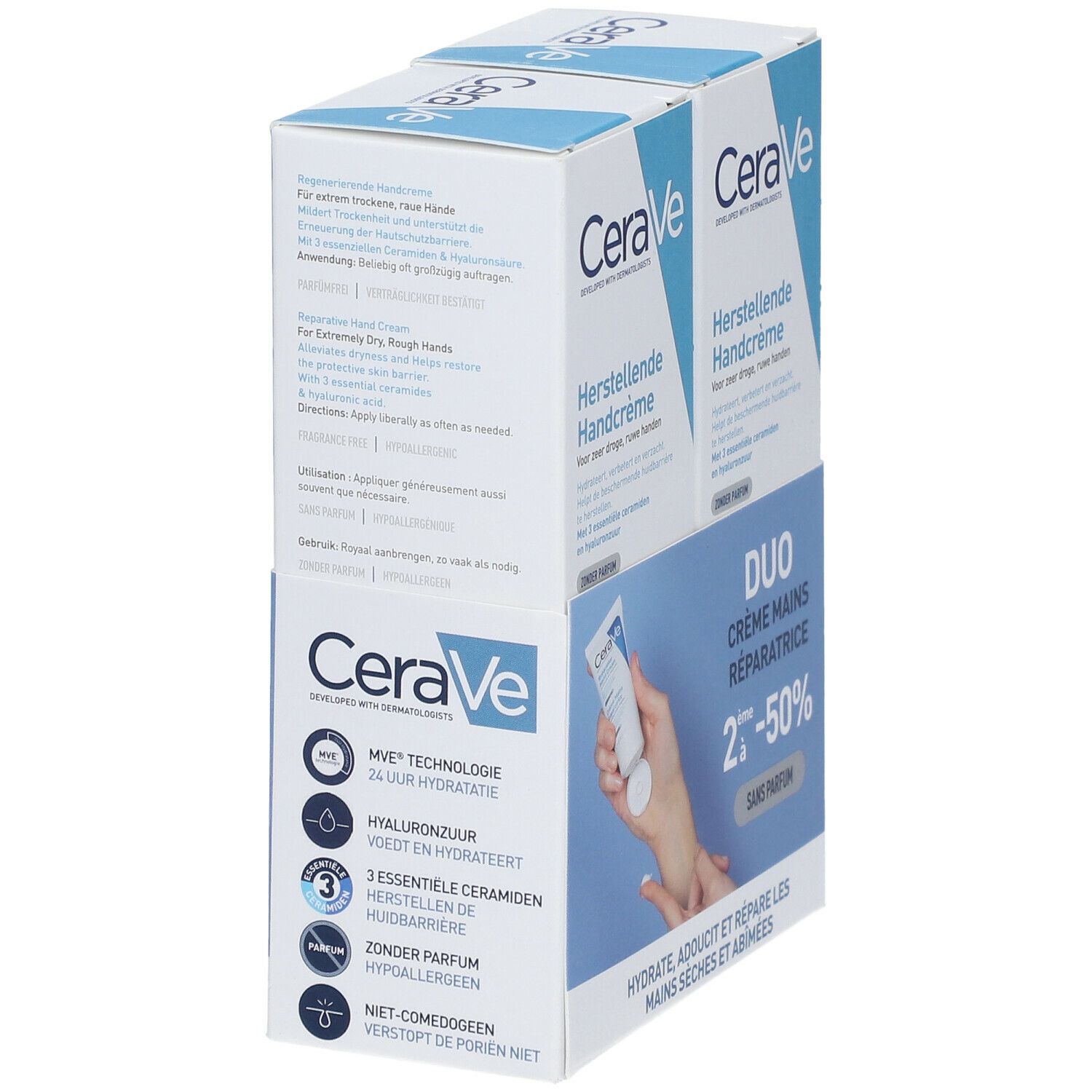 Verpakking met twee CeraVe handcrèmes. Duo-pack met productafbeelding en tekst. Blauwe en witte kleurstelling. Zonder parfum.
