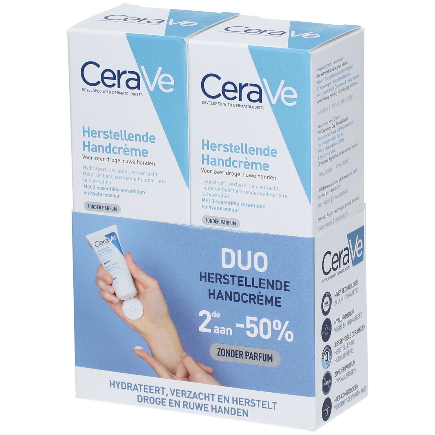 Verpakking met twee CeraVe handcrèmes. Duo-pack met productafbeelding en tekst. Blauwe en witte kleurstelling. Zonder parfum.