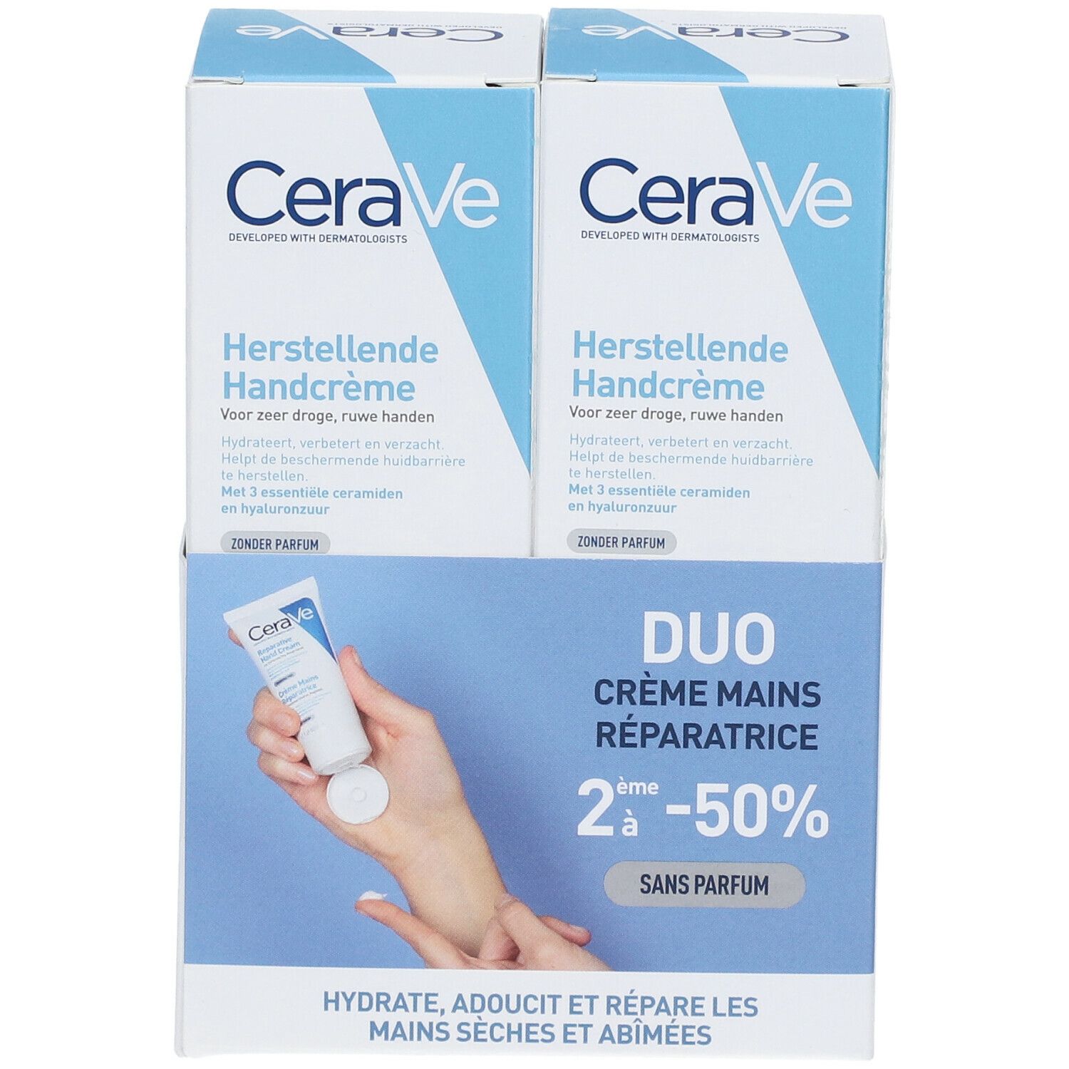Verpakking met twee CeraVe handcrèmes. Duo-pack met productafbeelding en tekst. Blauwe en witte kleurstelling. Zonder parfum.