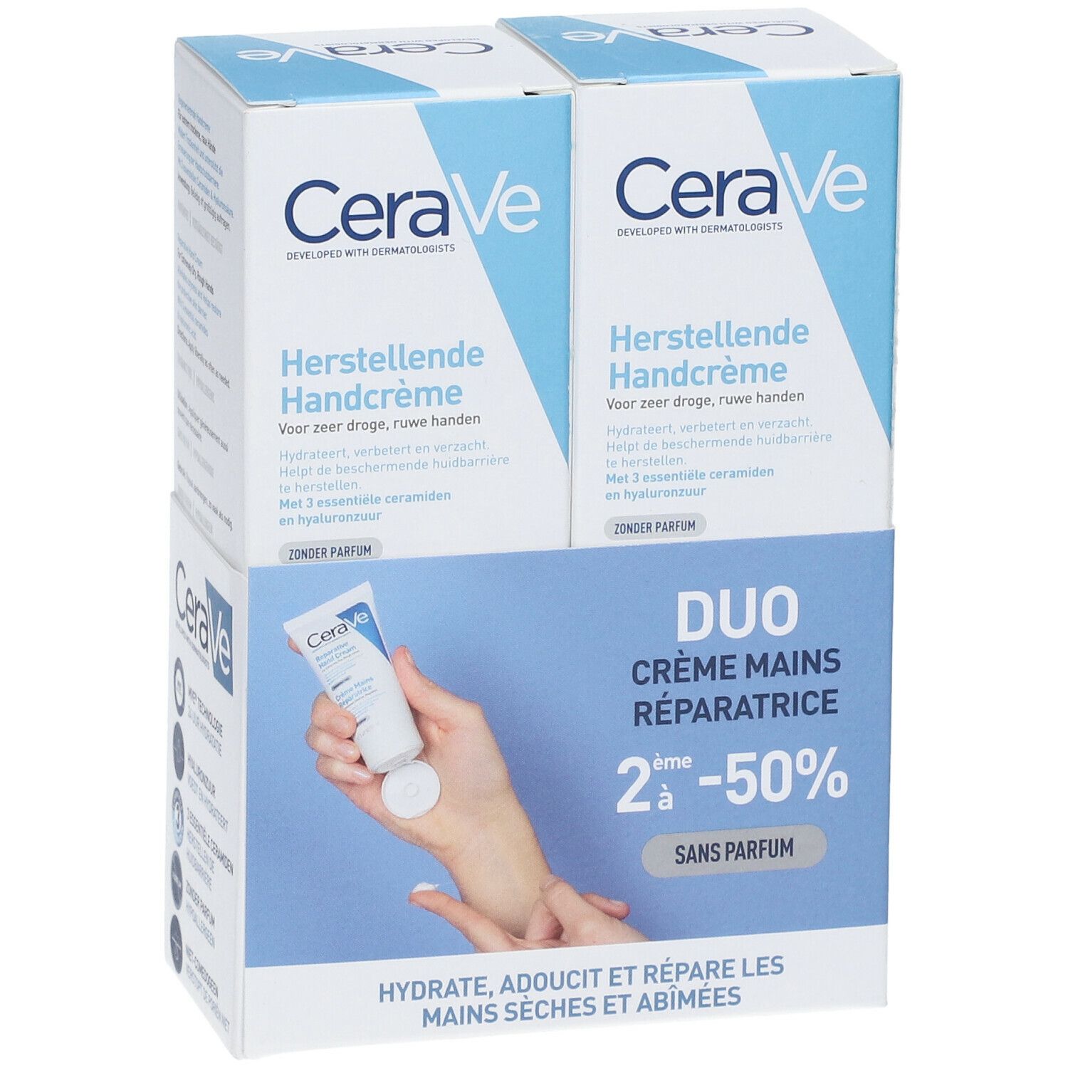 Verpakking met twee CeraVe handcrèmes. Duo-pack met productafbeelding en tekst. Blauwe en witte kleurstelling. Zonder parfum.