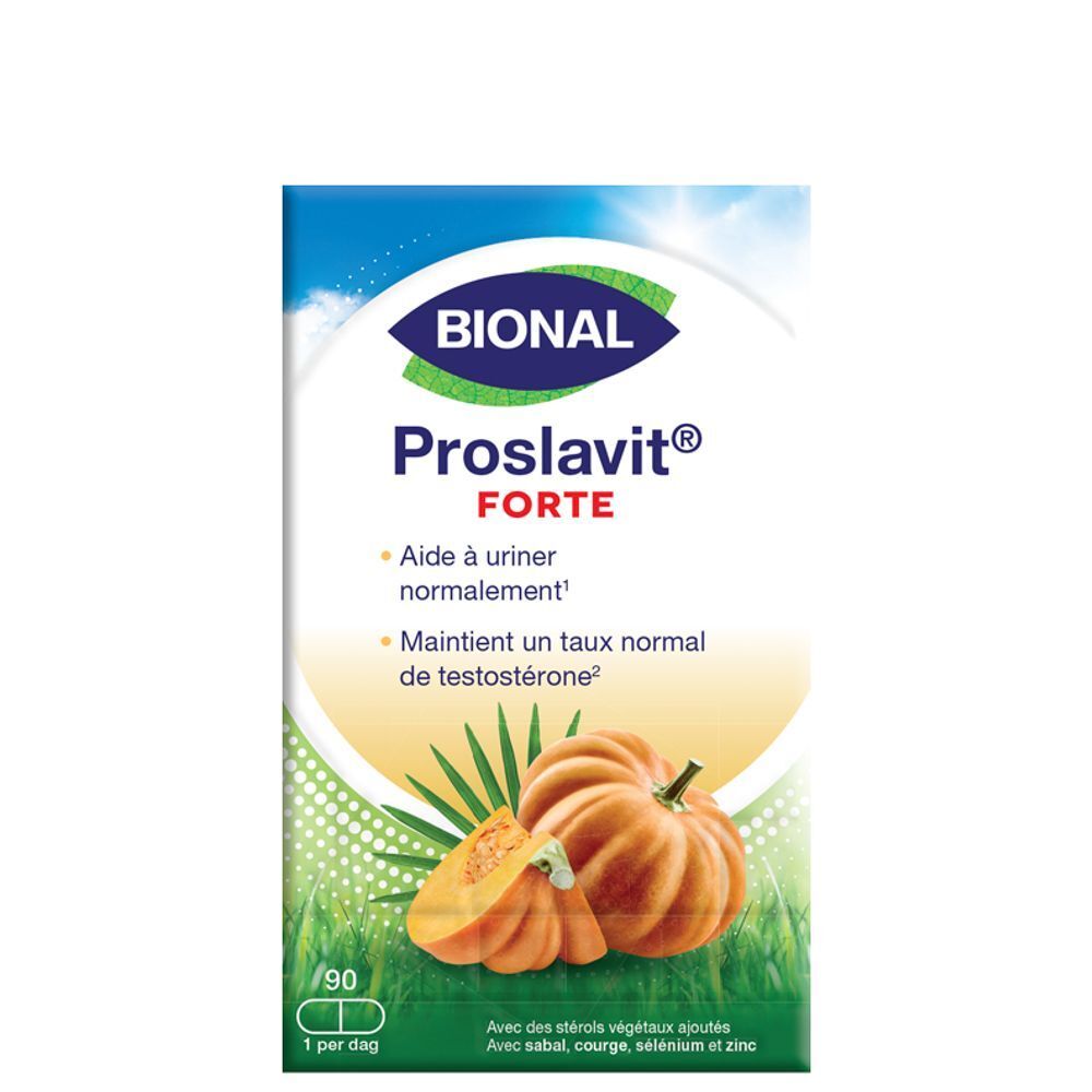 Boîte Bional Proslavit Forte. Nom et logo du produit sur fond blanc. Illustration de citrouille et feuilles. 90 gélules.