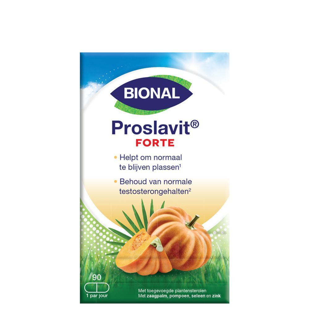 Bional Proslavit Forte doos. Productnaam en logo op witte achtergrond. Illustratie van pompoen en bladeren. 90 capsules.