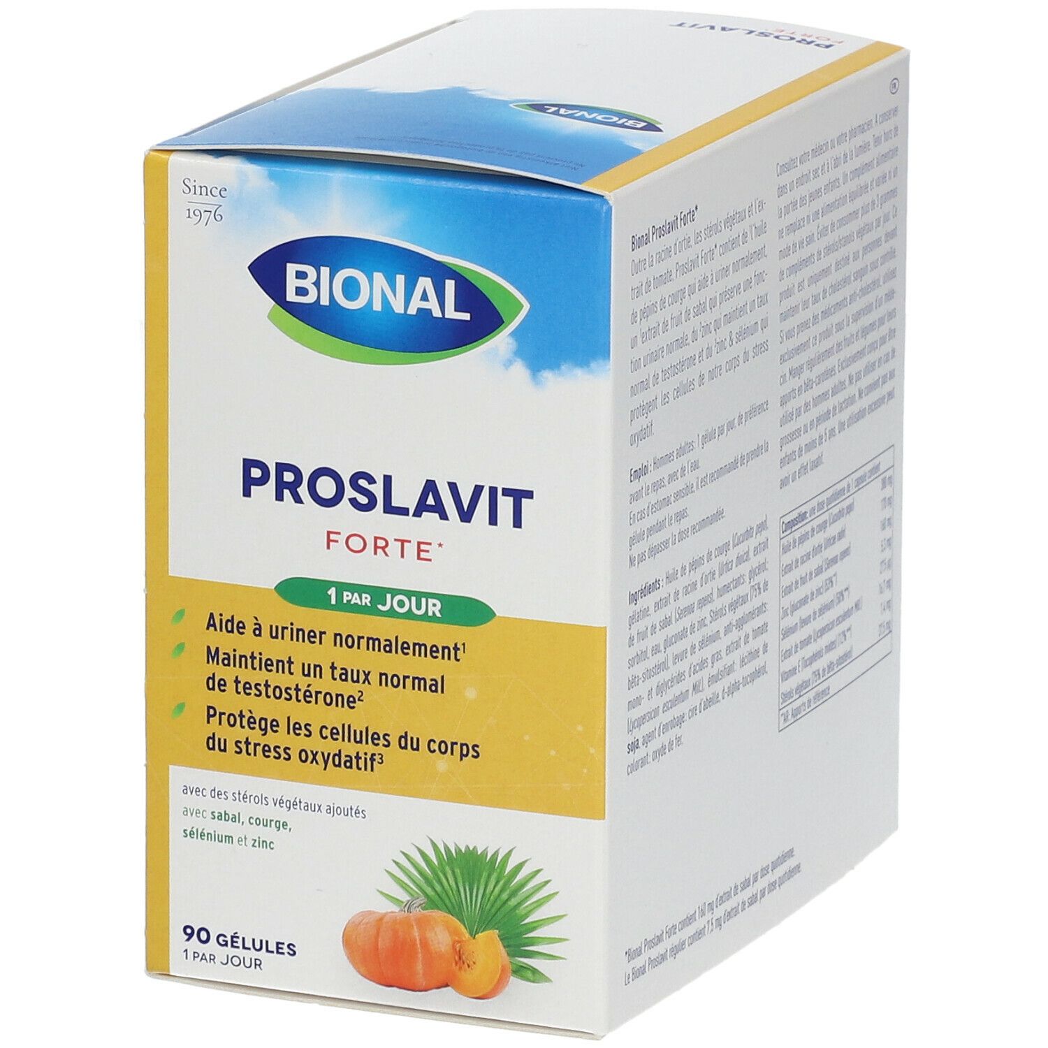 Bional Proslavit Forte doos. Witte en gele doos met productnaam en logo. Bevat 90 capsules. Illustratie van pompoen en bladeren.