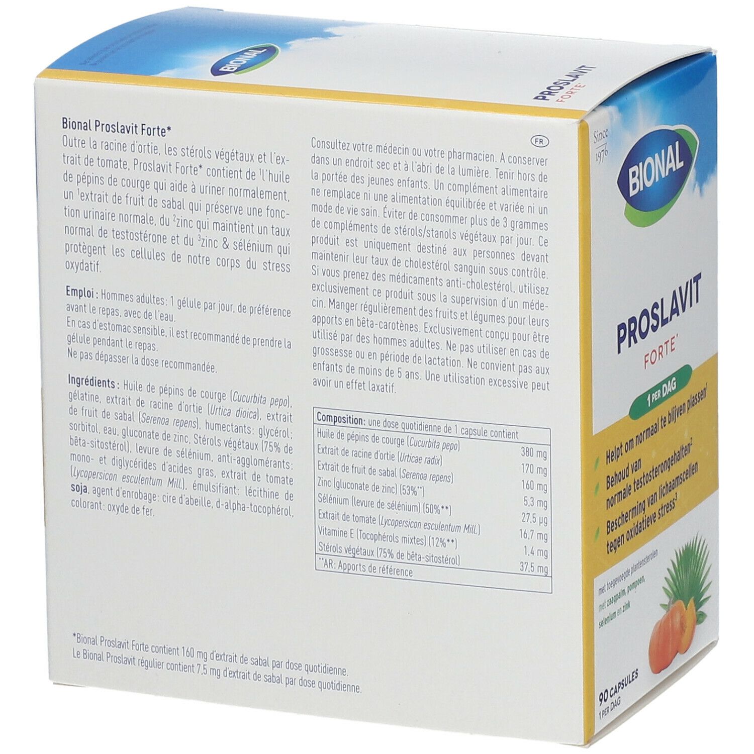 Achterkant van de Bional Proslavit Forte doos. Bevat informatie over ingrediënten en gebruik. Tekst in het Frans.