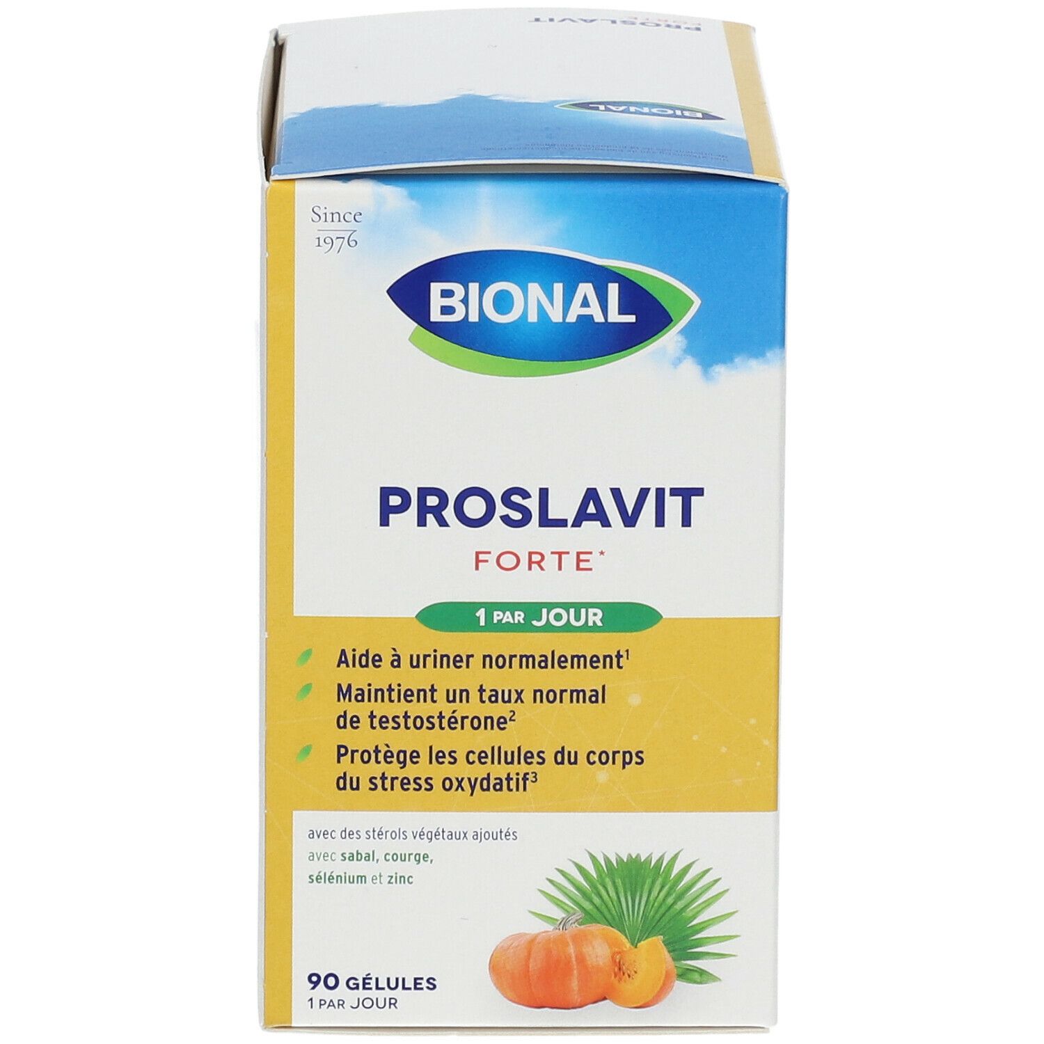 Bional Proslavit Forte doos. Witte en gele doos met productnaam en logo. Bevat 90 capsules. Illustratie van pompoen en bladeren.