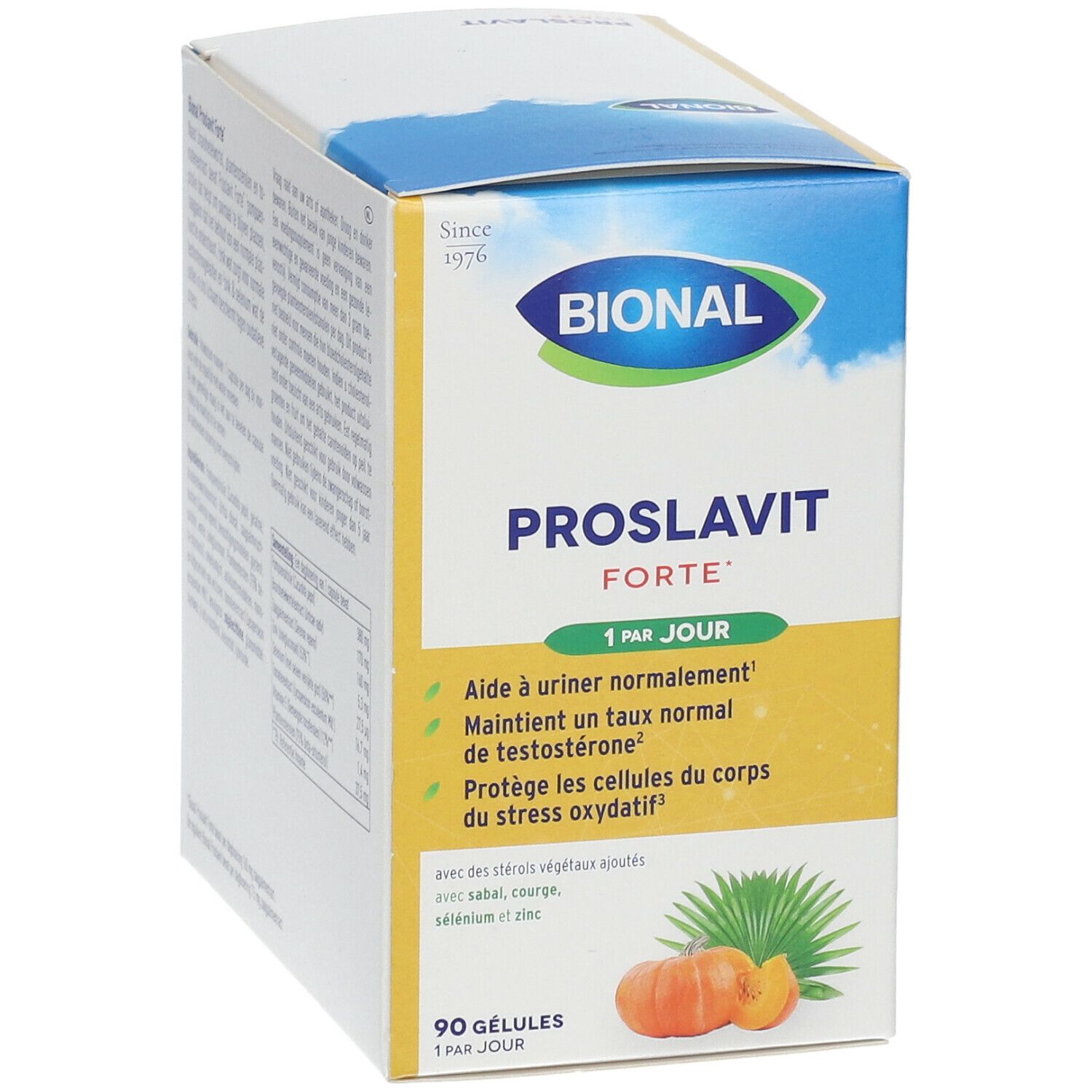 Bional Proslavit Forte doos. Witte en gele doos met productnaam en logo. Bevat 90 capsules. Illustratie van pompoen en bladeren.
