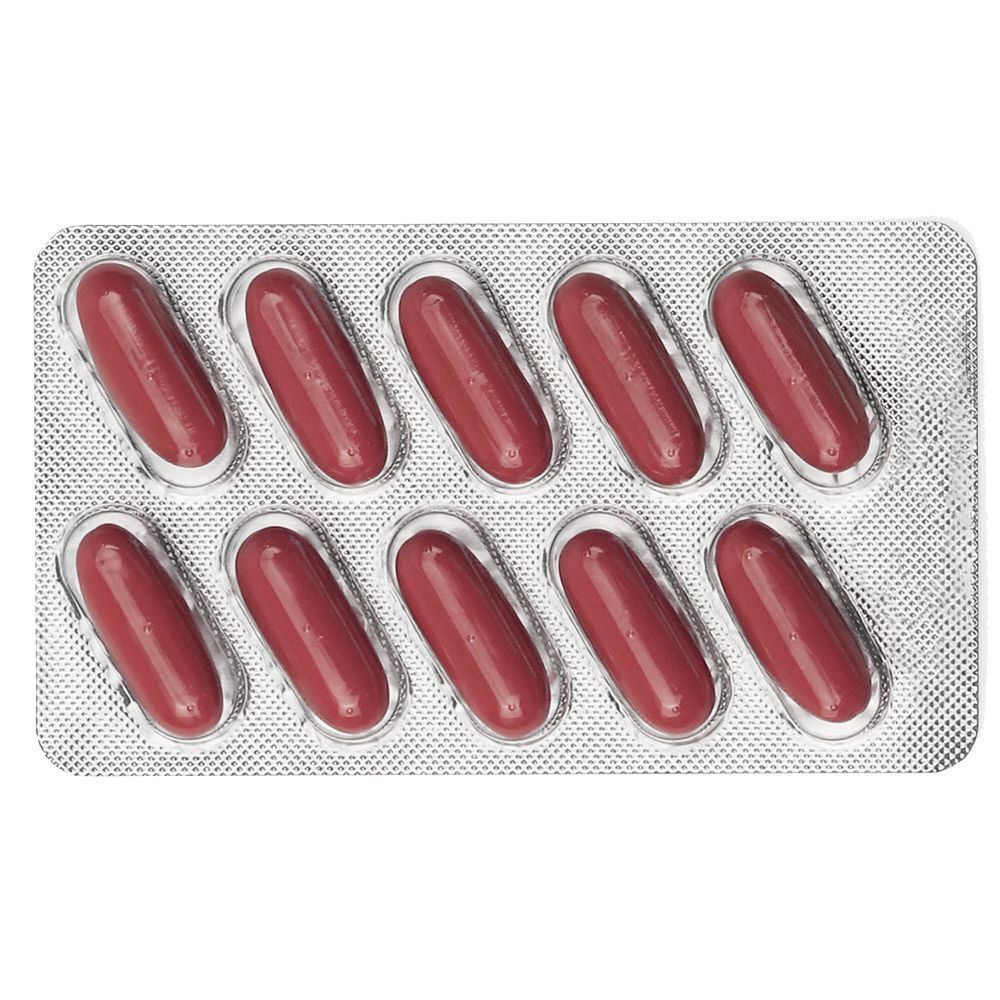 Blisterverpakking met 10 capsules. Roodachtige, ovale capsules in een zilveren verpakking.