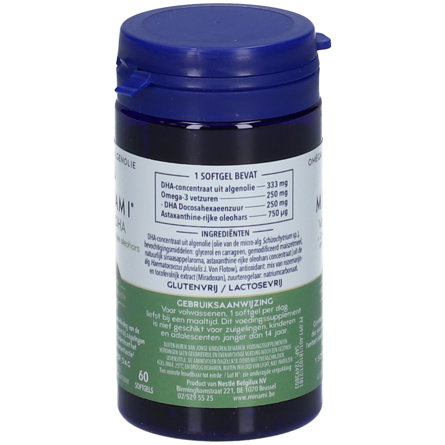 Achterkant donkerblauwe fles MINAMI VeganDHA. Bevat info over ingrediënten en gebruik. 60 softgels.