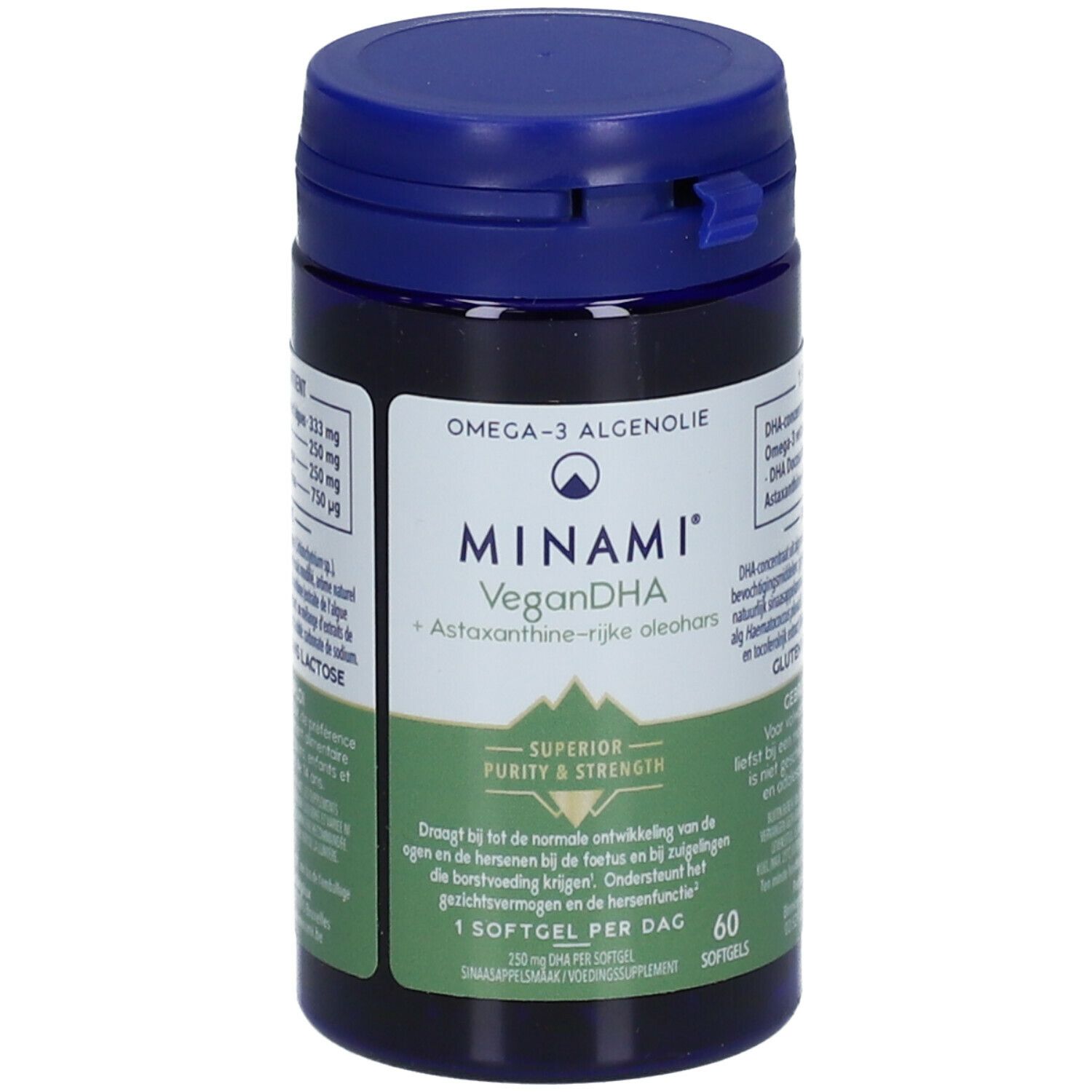 Donkerblauwe fles MINAMI VeganDHA. Groen-wit etiket met info en logo. 60 softgels.