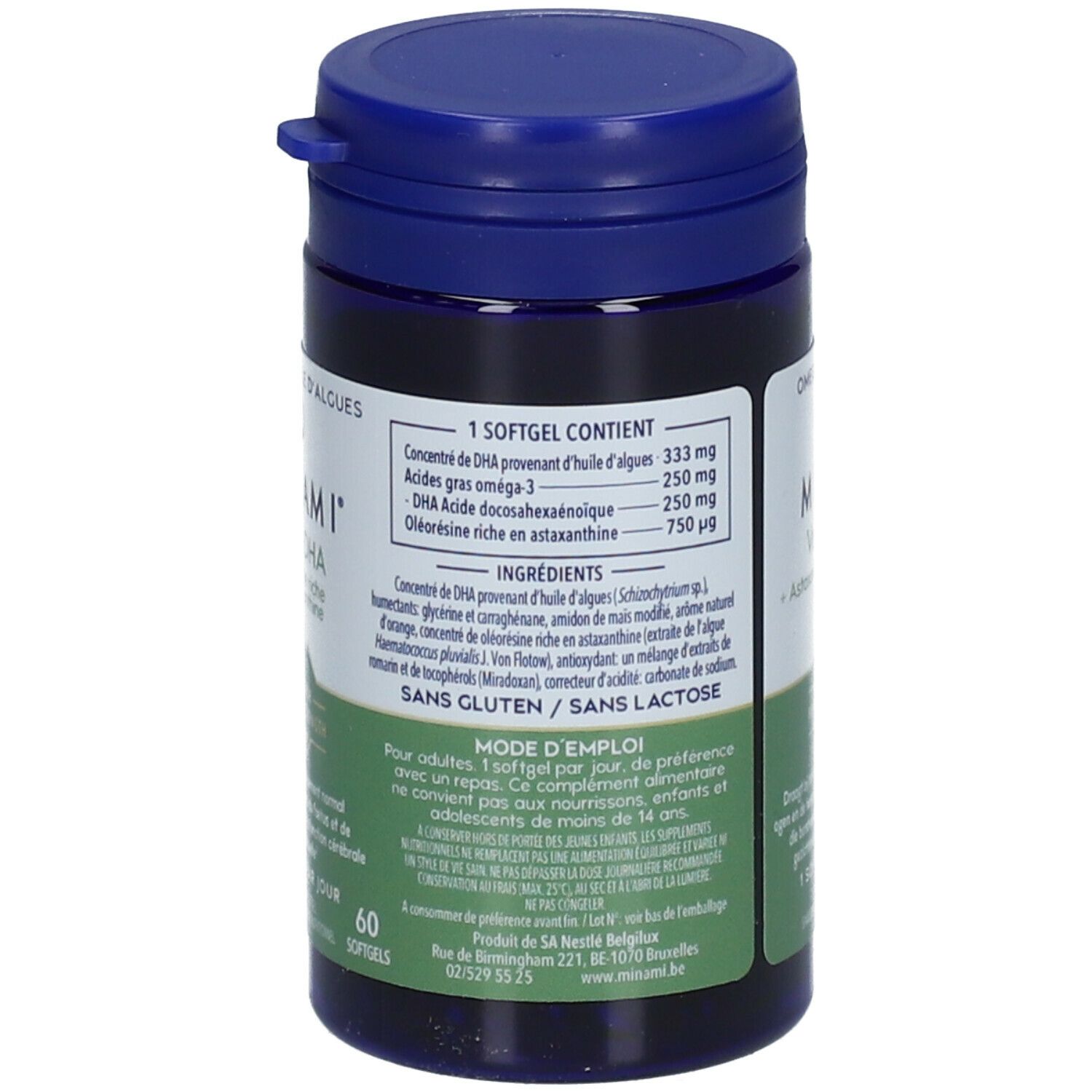 Donkerblauwe fles MINAMI VeganDHA. Achterkant met ingrediënten en gebruiksaanwijzing. 60 softgels.