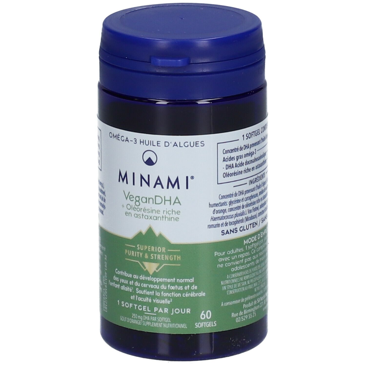 Donkerblauwe fles MINAMI VeganDHA. Groen-wit etiket met info en logo. 60 softgels.