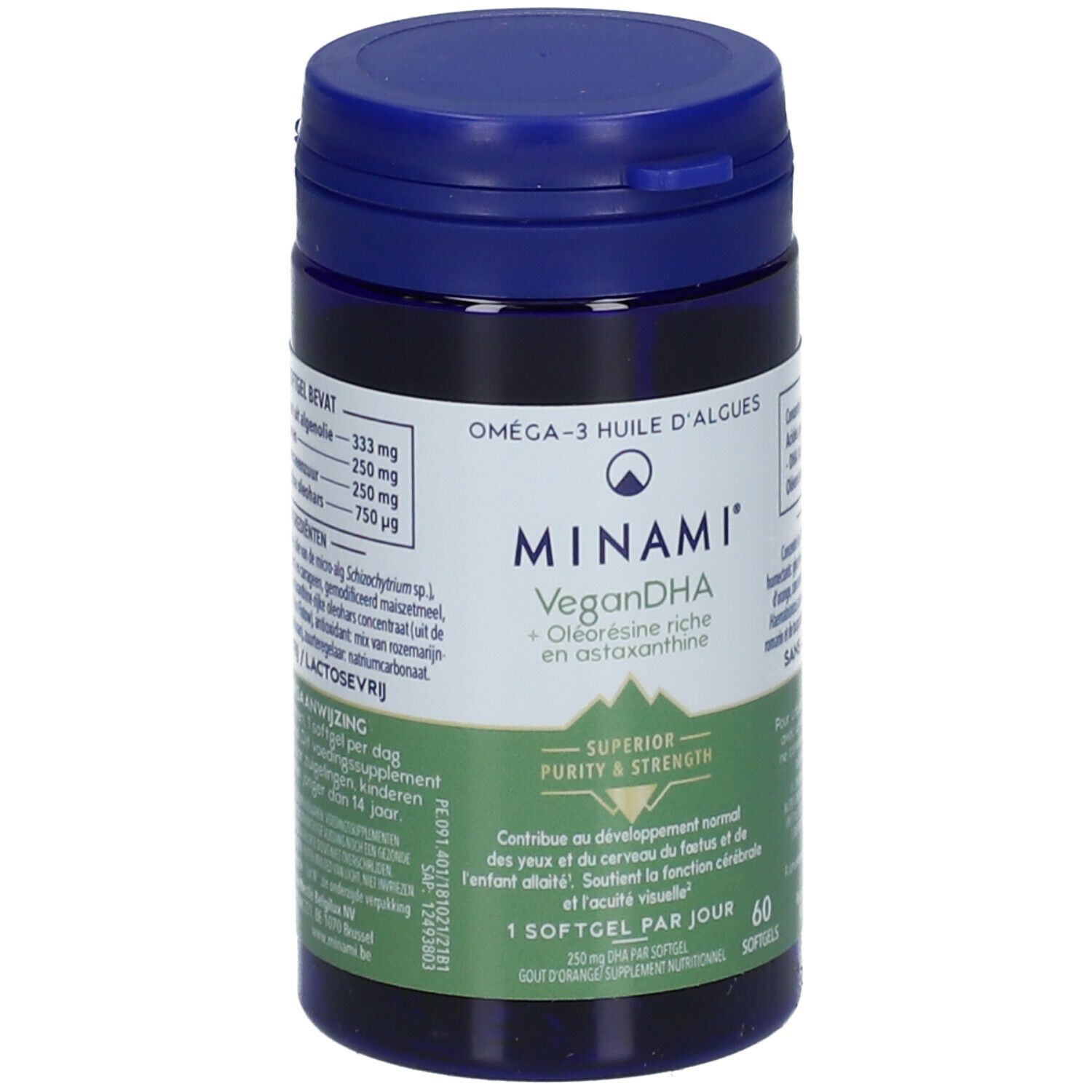 Donkerblauwe fles MINAMI VeganDHA. Groen-wit etiket met info en logo. 60 softgels.