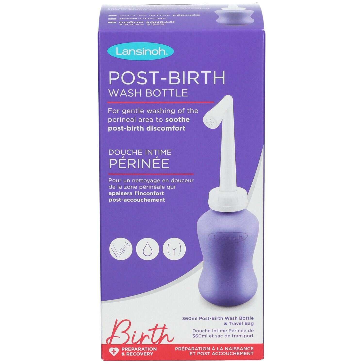 Flacon violet avec embout blanc, dans emballage. Texte: Post-Birth Wash Bottle, Douche Intime Périnée. Marque: Lansinoh.