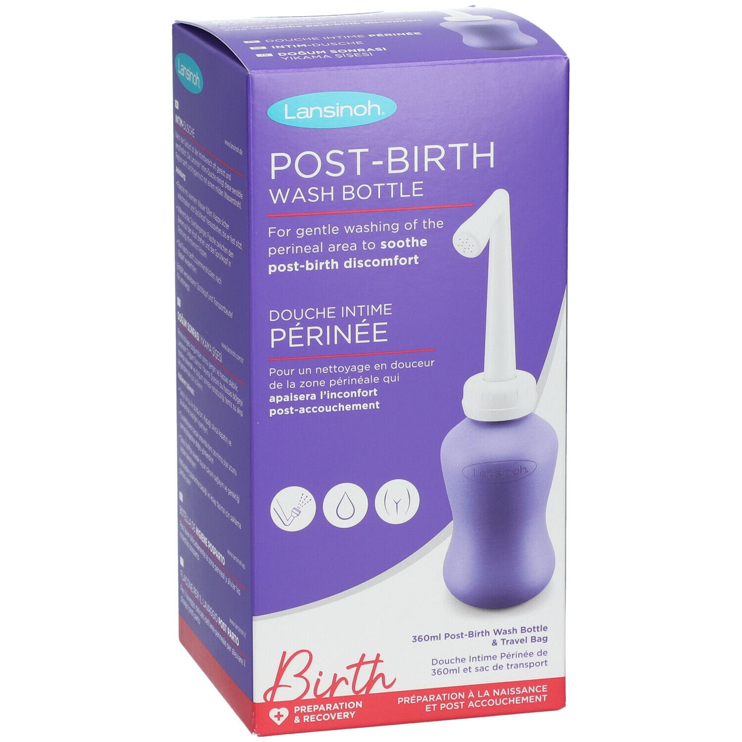Flacon violet avec embout blanc, dans emballage. Texte: Post-Birth Wash Bottle, Douche Intime Périnée. Marque: Lansinoh.