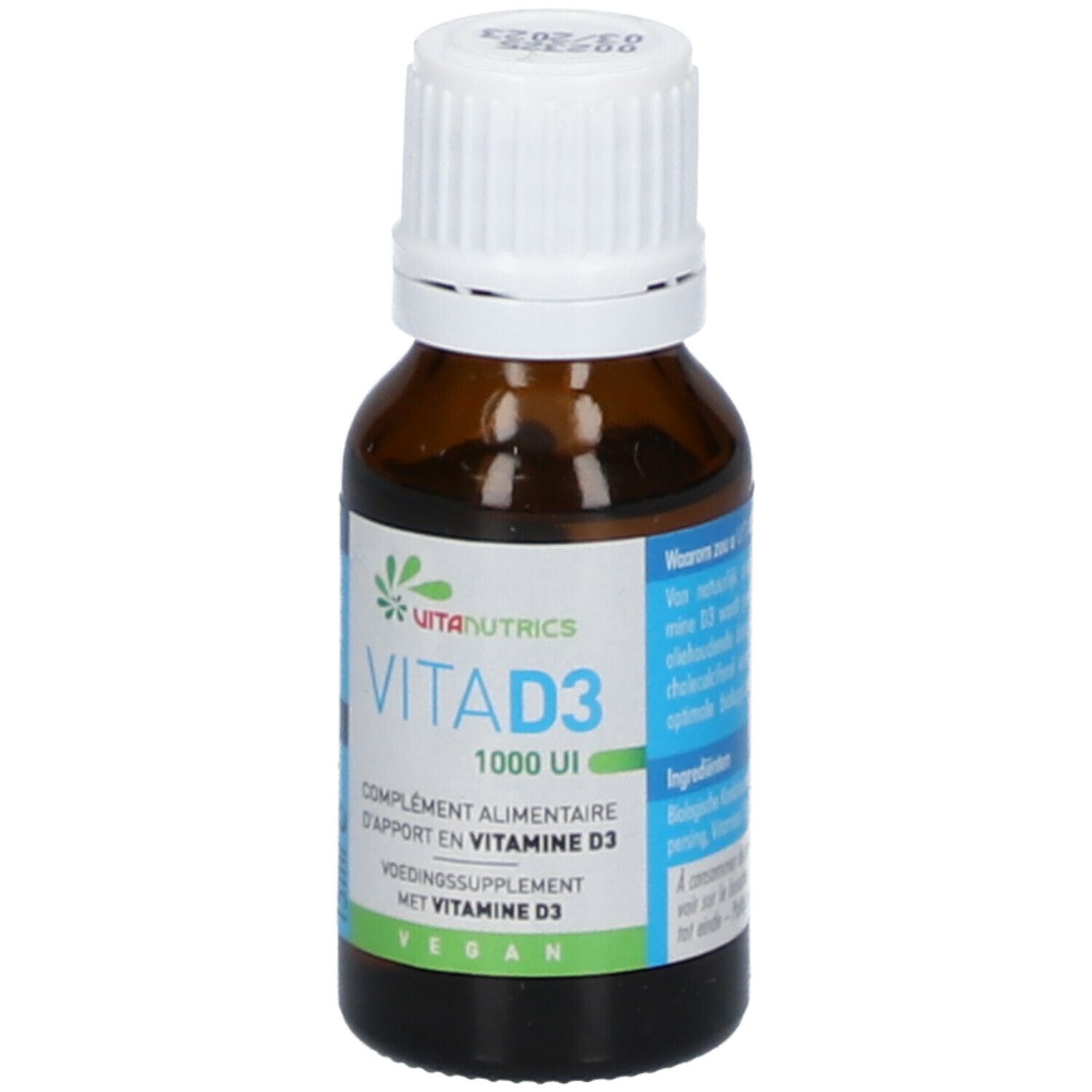 Flacon compte-gouttes brun, bouchon blanc. Étiquette VitaNutrics, Vita D3 1000 UI, vegan. 15ml.
