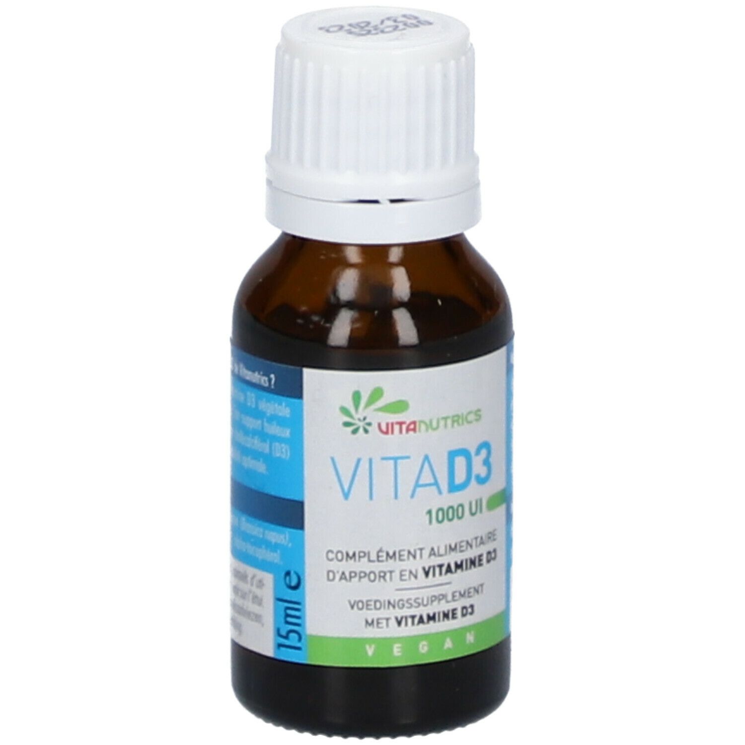 Flacon compte-gouttes brun, bouchon blanc. Étiquette VitaNutrics, Vita D3 1000 UI, vegan. 15ml.