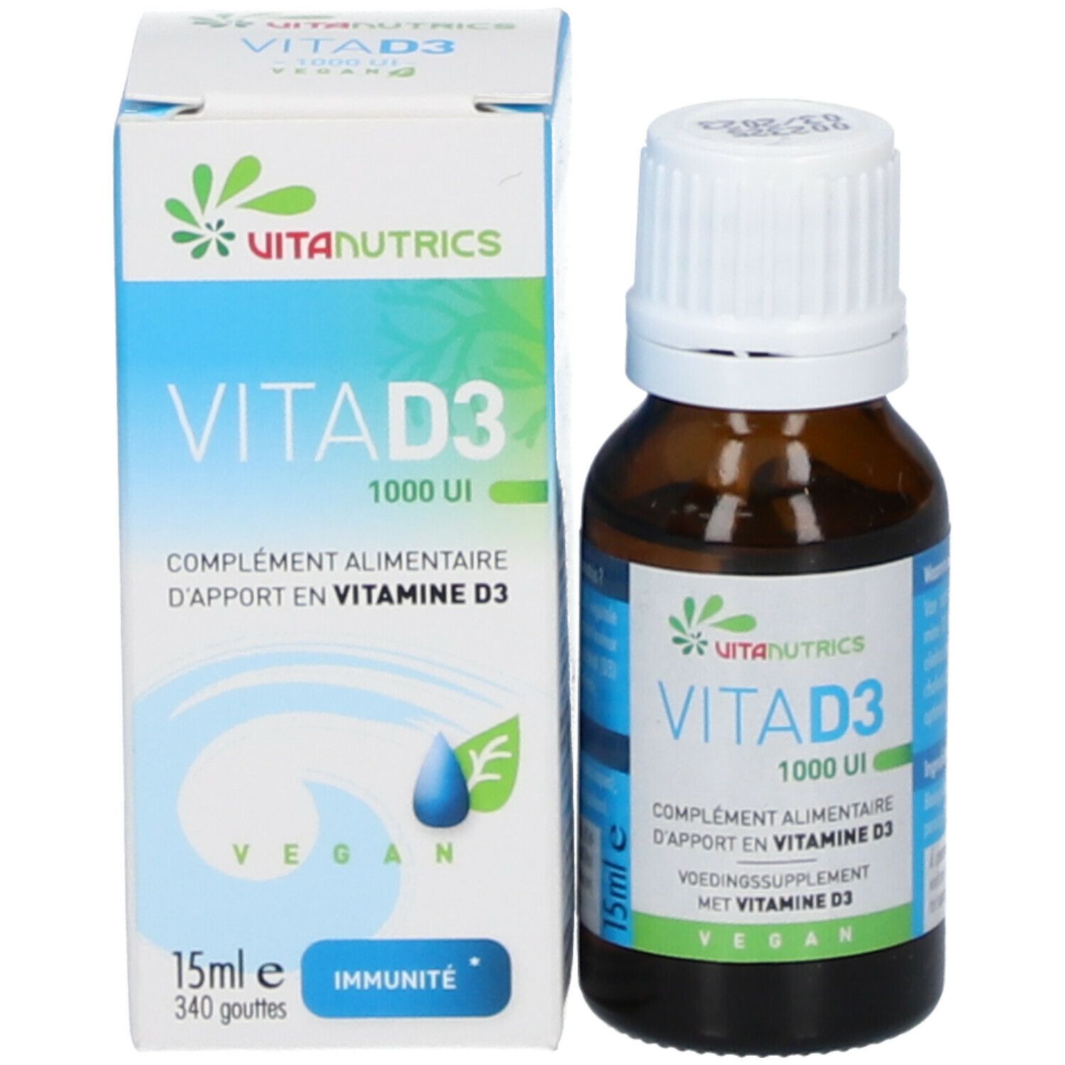 Flacon et boîte. Boîte avec VitaNutrics, Vita D3 1000 UI, vegan. 15ml, 340 gouttes.