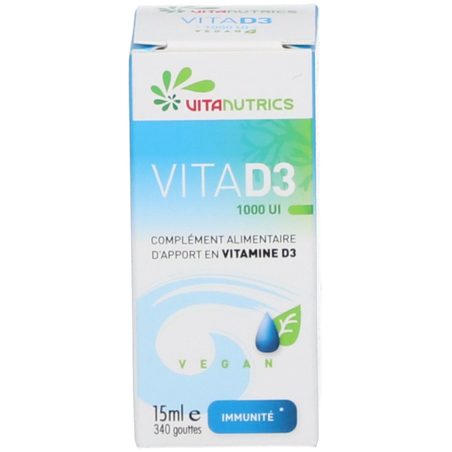 Boîte avec VitaNutrics, Vita D3 1000 UI, vegan. 15ml, 340 gouttes. Fond bleu.