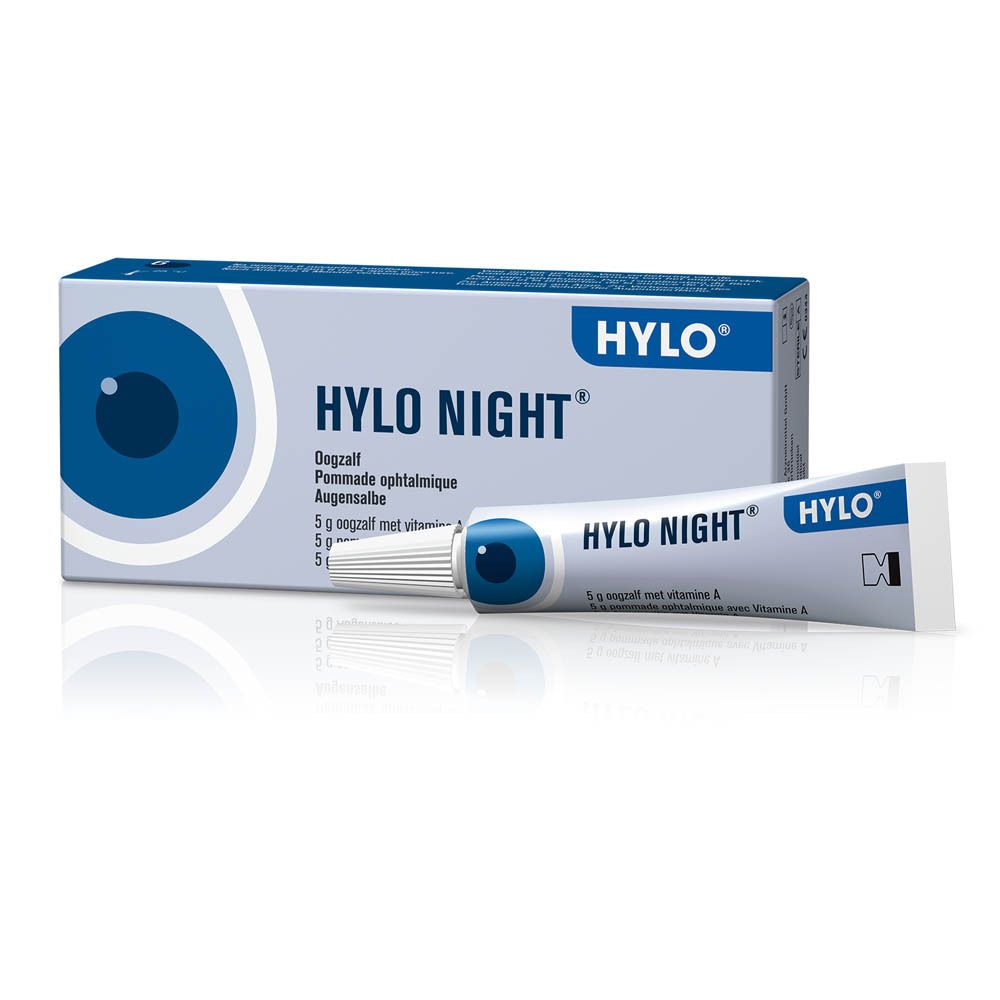 Pommade ophtalmique Hylo Night et emballage. Tube bleu et boîte avec nom et logo du produit. Contient 5g de pommade.