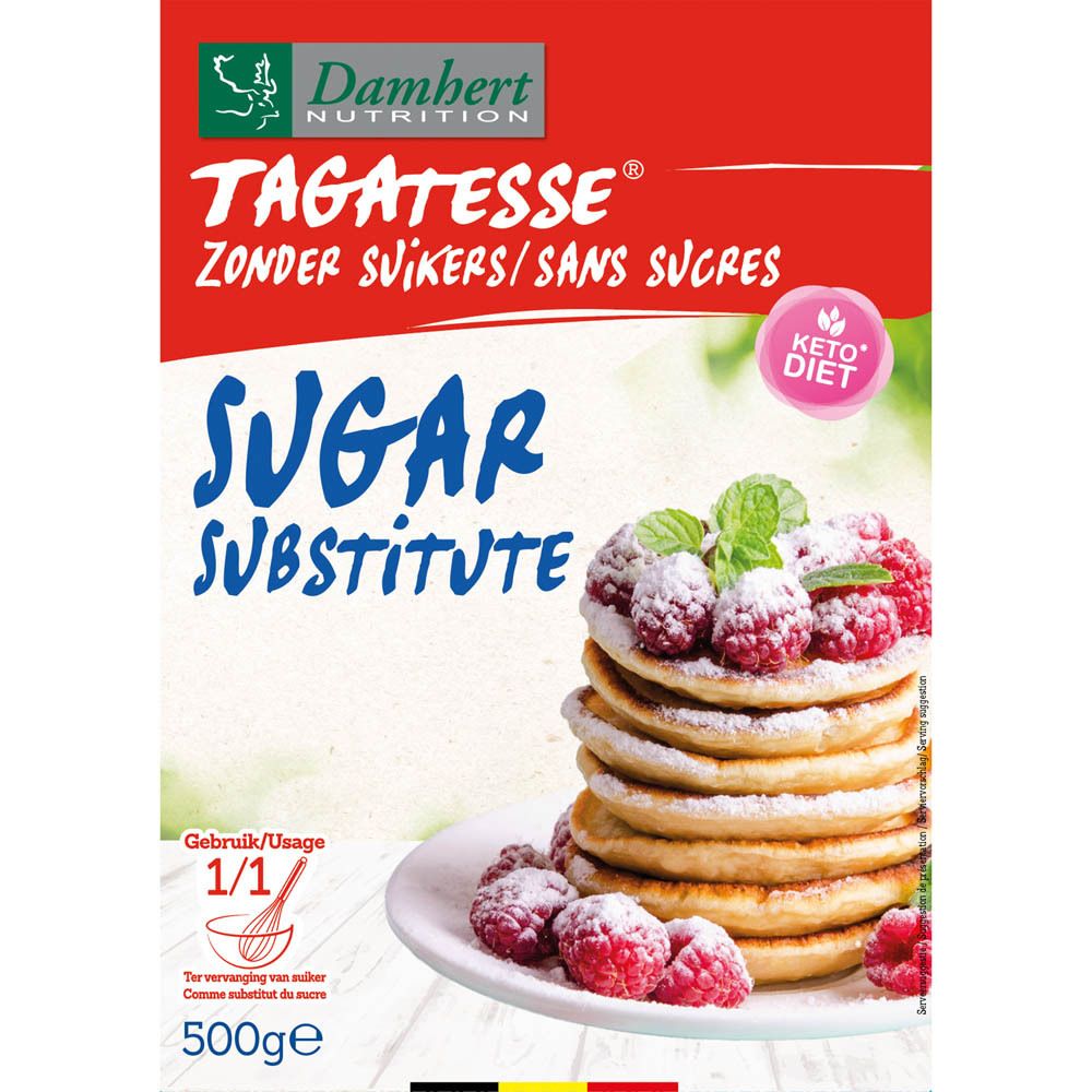 Rode doos met 'Damhert Nutrition' en 'Tagatesse' suikervervanger. Afbeelding van pannenkoeken met frambozen.