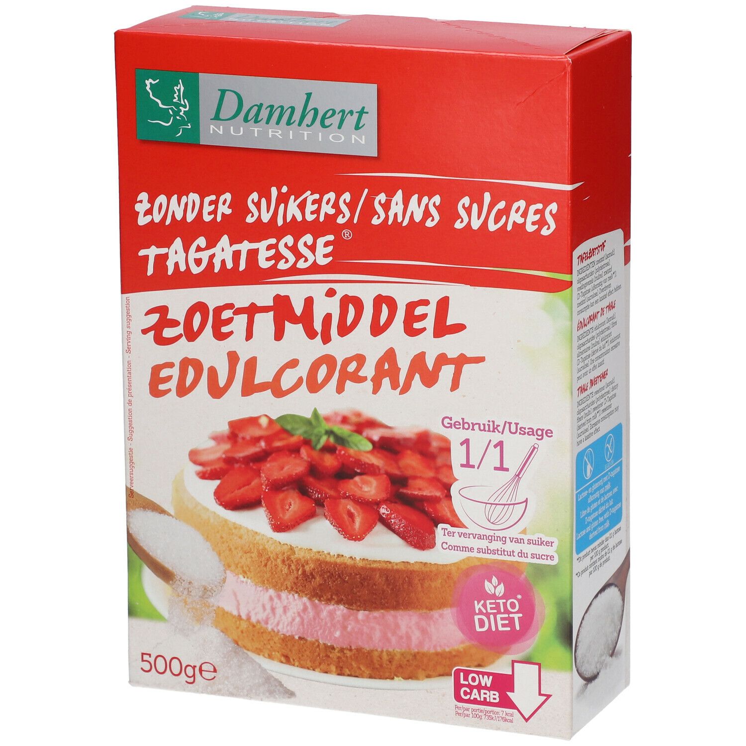 Rode doos met 'Damhert Nutrition'. Bevat 'Tagatesse' suikervervanger. Afbeelding van een taart met aardbeien.