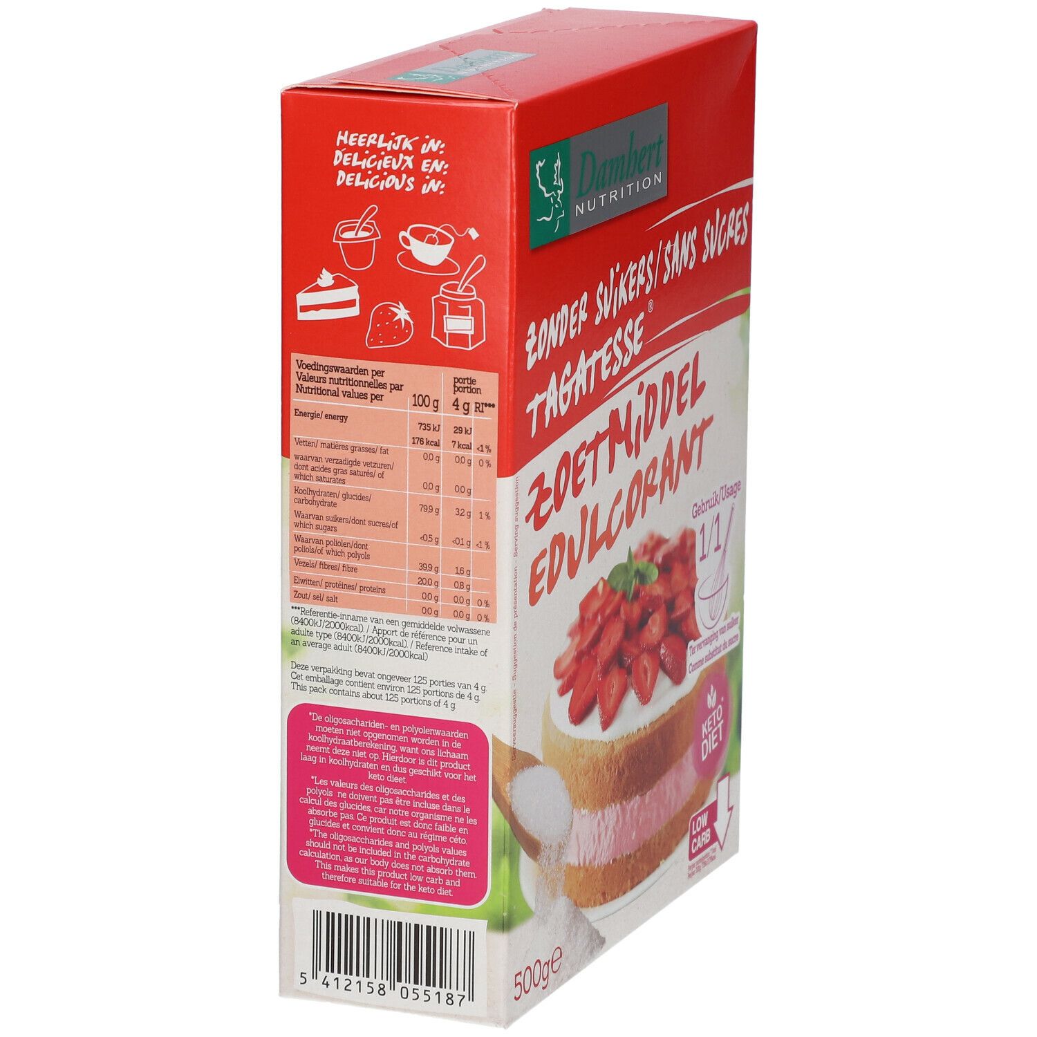 Rode doos met 'Damhert Nutrition' en 'Tagatesse'. Zijkant met voedingswaarde en afbeelding van een taart.