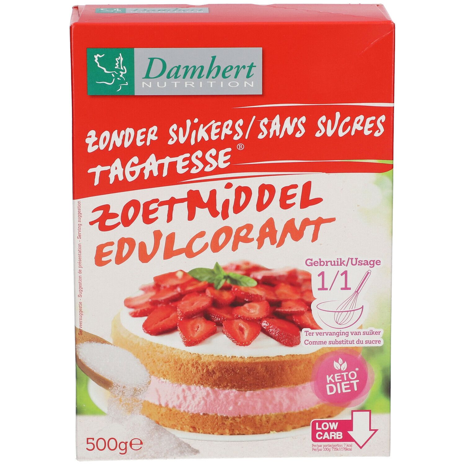 Rode doos met 'Damhert Nutrition' en 'Tagatesse' suikervervanger. Afbeelding van een taart met aardbeien.