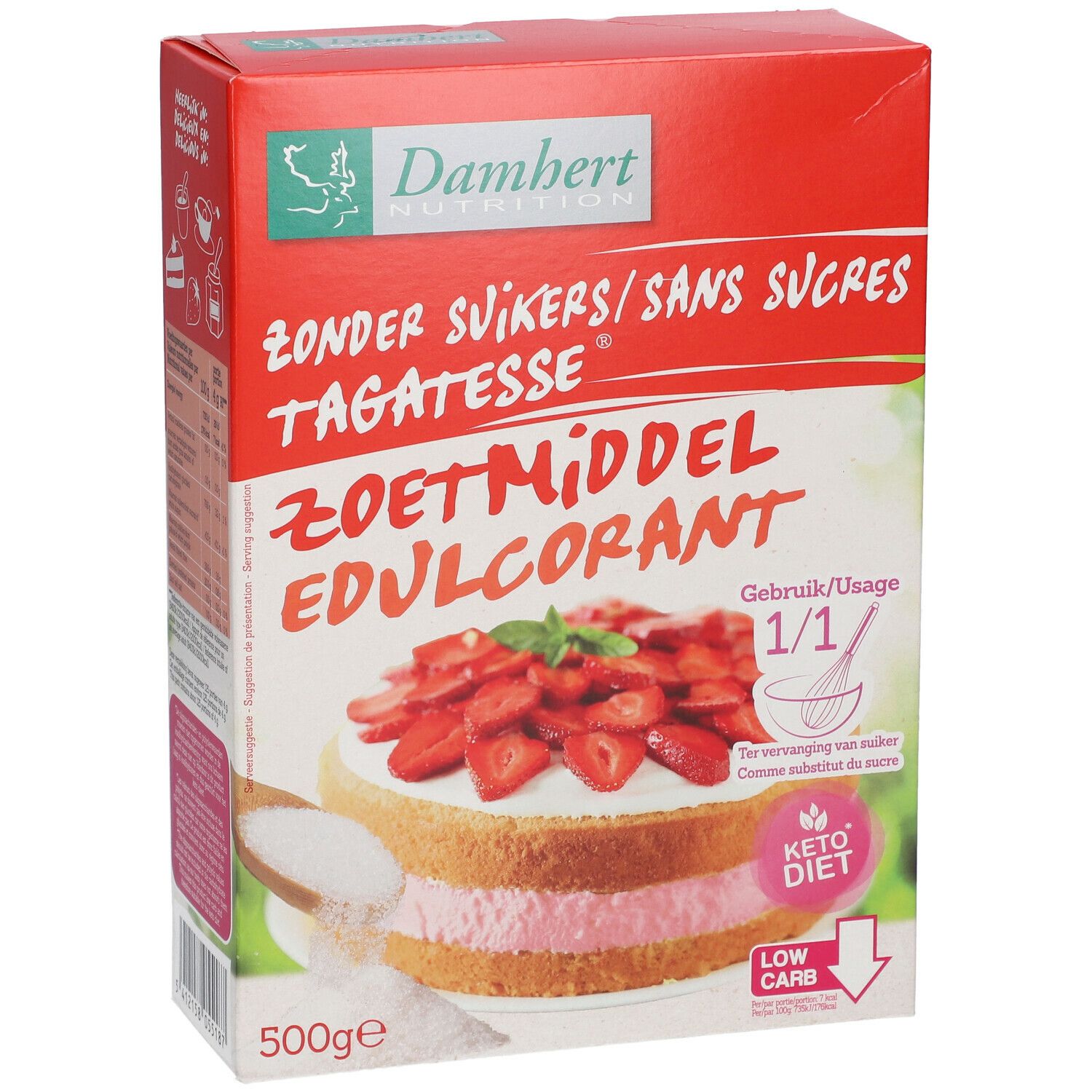Rode doos met 'Damhert Nutrition' en 'Tagatesse' suikervervanger. Afbeelding van een taart met aardbeien.