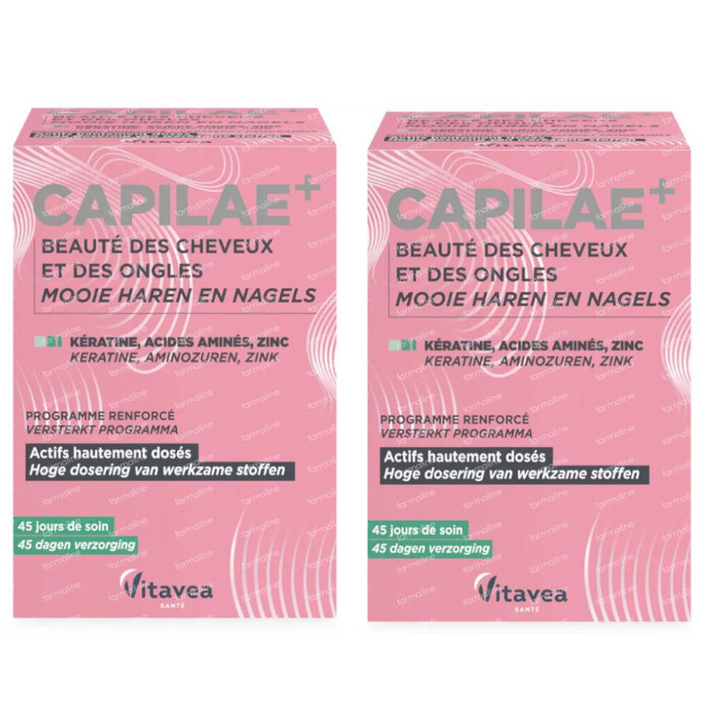Twee roze dozen met "CAPILAE+ Beauté des Cheveux et des Ongles". Groene en witte tekst. Merk: Vitae.