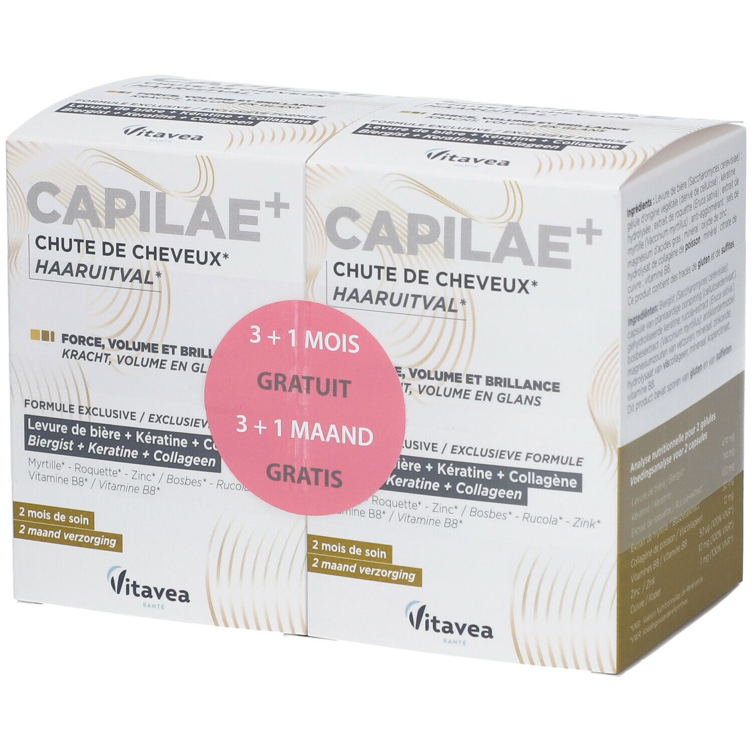 Twee dozen Capilaé+ met tekst en gratis actie. Roze sticker. Merk Vitae.