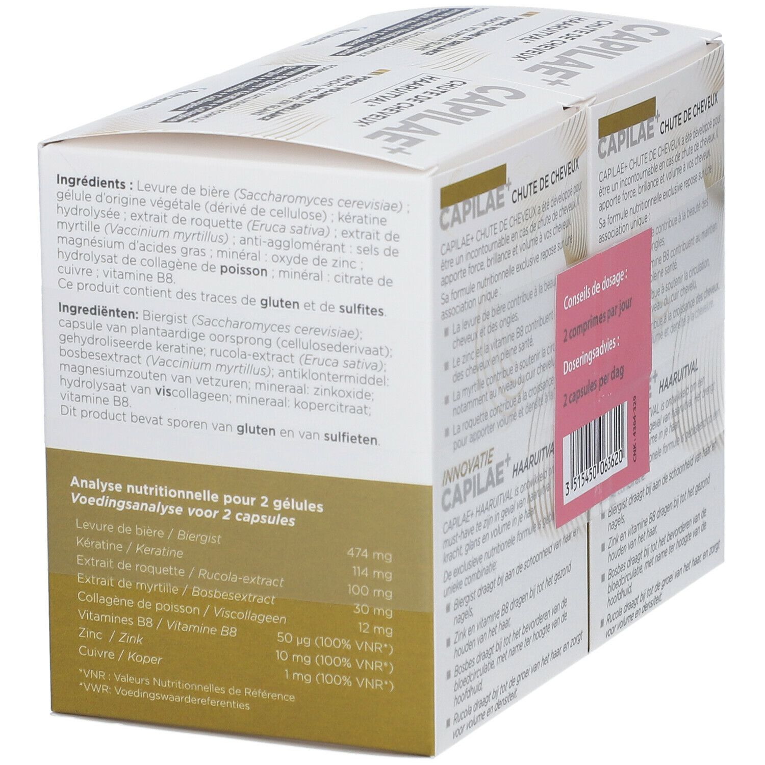 Doos Capilaé+ met ingrediënten en voedingsanalyse. Merk Vitae. Meertalige tekst.