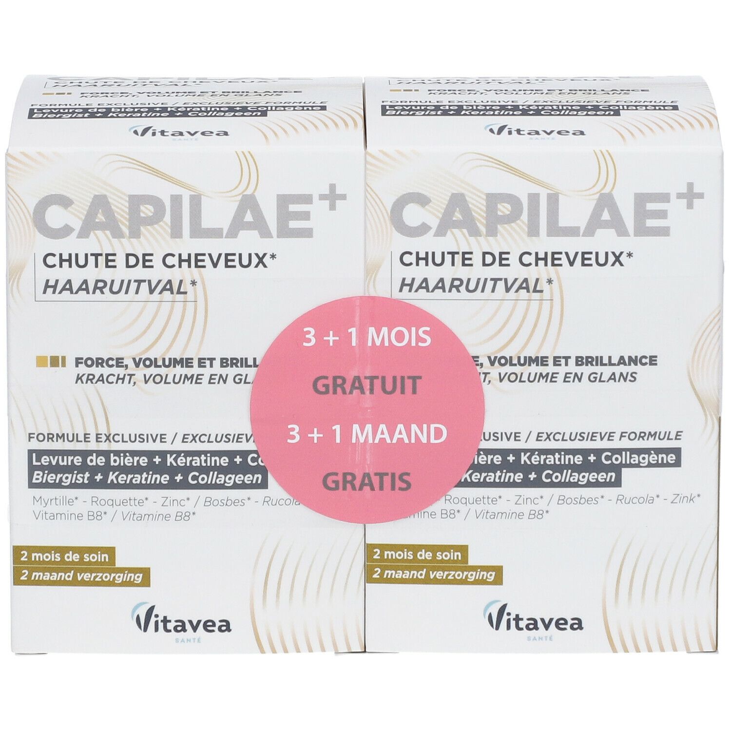 Twee dozen Capilaé+ met tekst en gratis actie. Roze sticker. Merk Vitae.