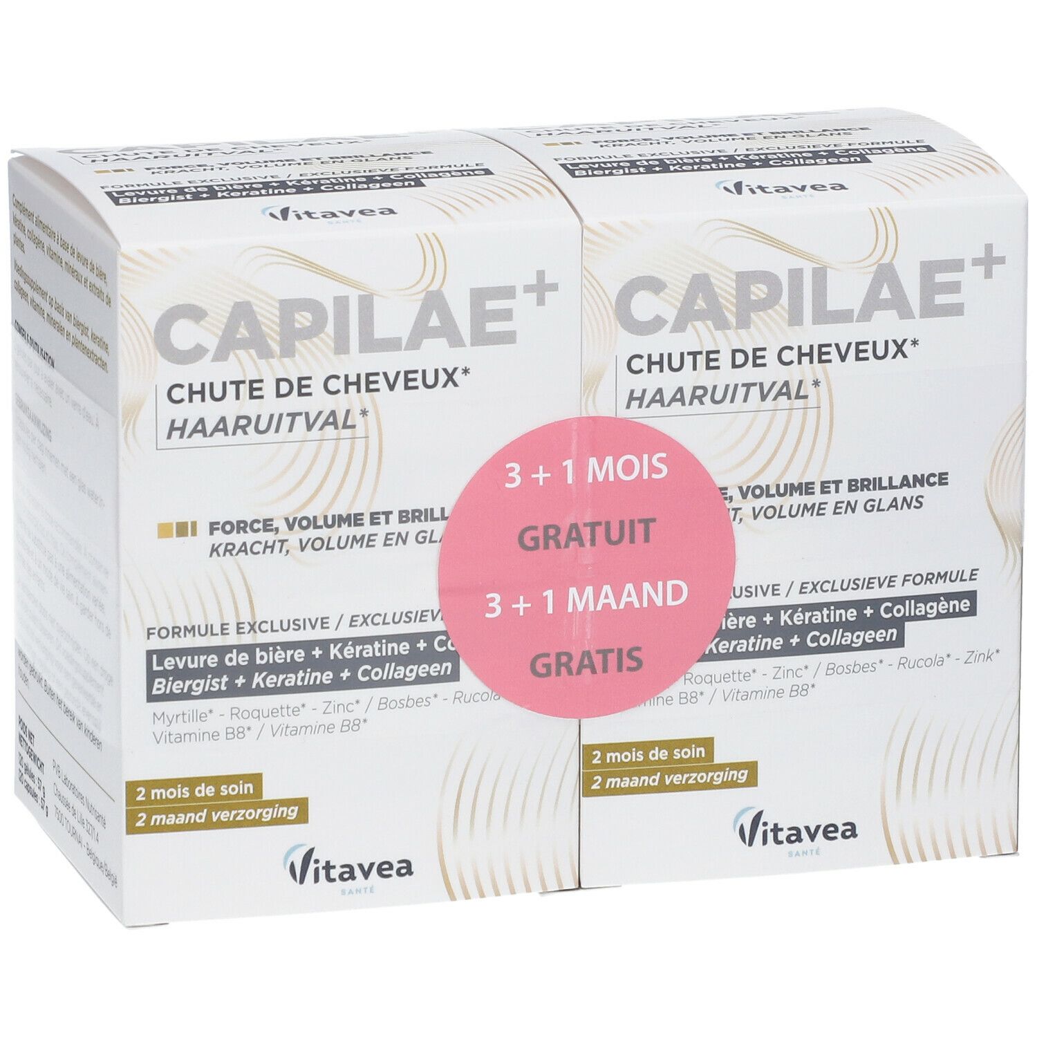 Twee dozen Capilaé+ met tekst en gratis actie. Roze sticker. Merk Vitae.