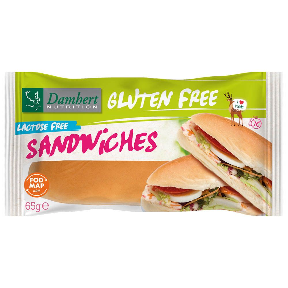 Verpakking glutenvrije sandwiches. Merk, productnaam, glutenvrij, lactosevrij. Twee gevulde sandwiches.