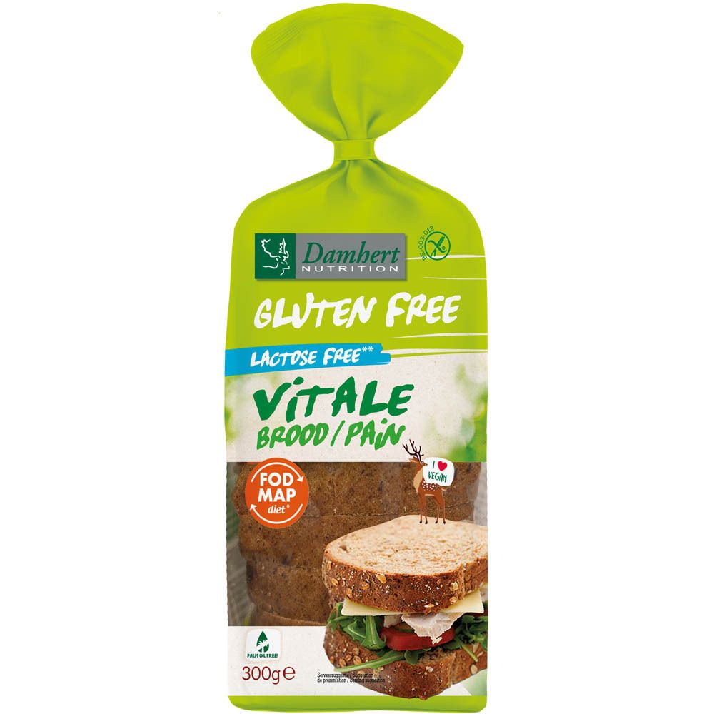 Verpakking met gesneden brood. Opschrift: Glutenvrij, Lactosevrij, FODMAP dieet, Vitale Brood/Pain. Merk: Damhert Nutrition.